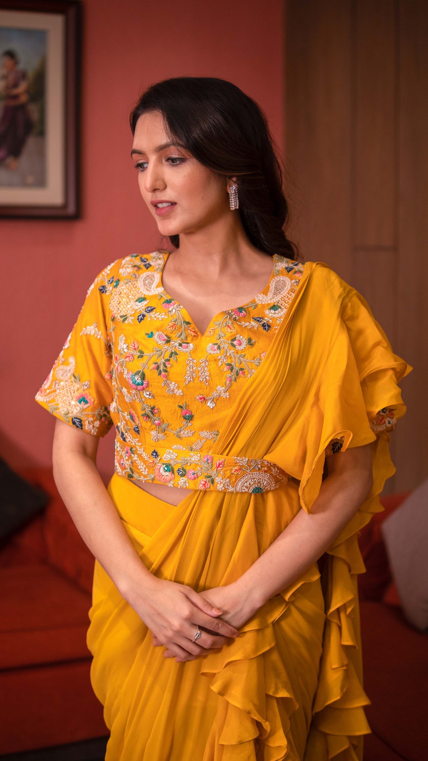 Mustard Yellow Raw Silk Drape Saree