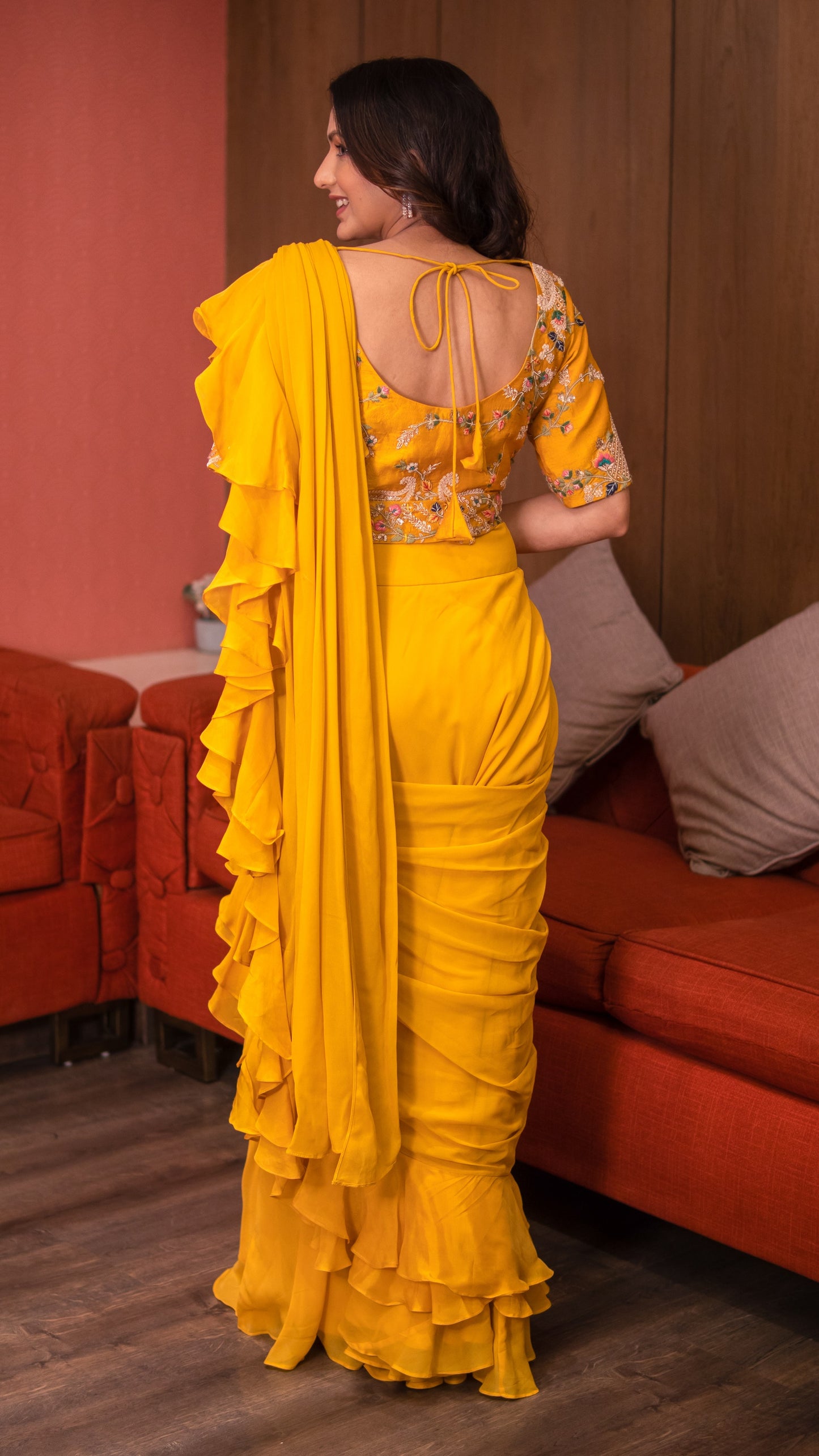 Mustard Yellow Raw Silk Drape Saree
