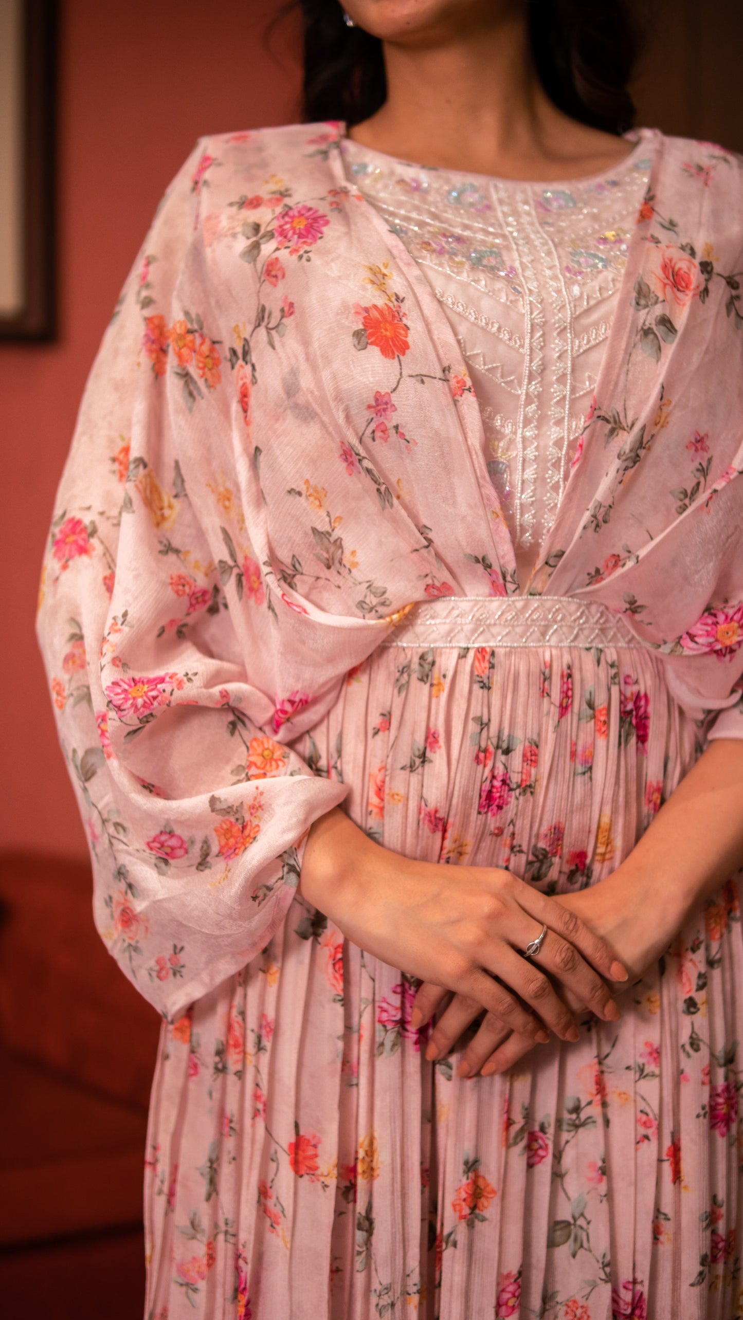 Baby Pink Floral Print Chinnon Long Dress