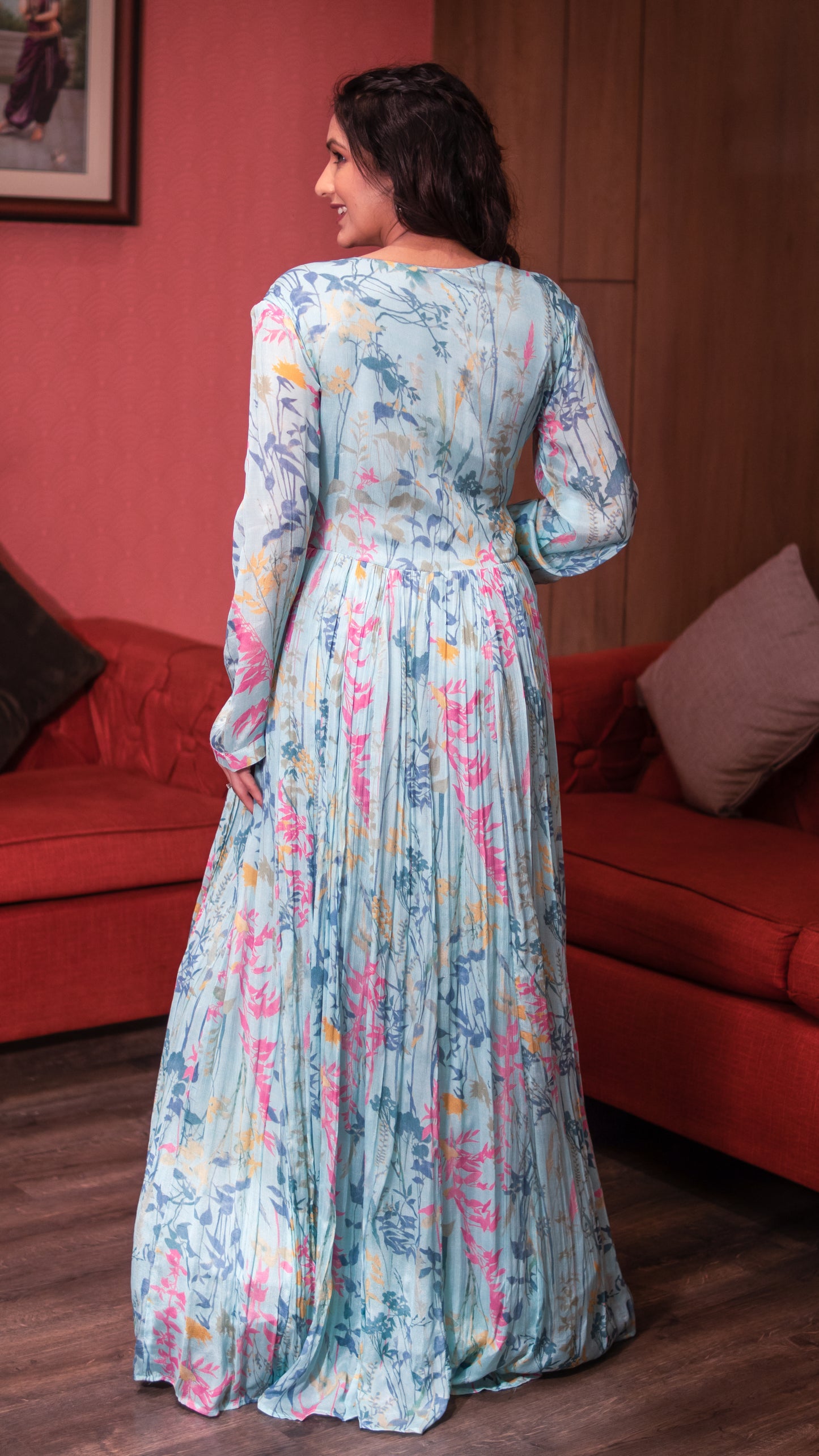 Baby Blue Floral Print Zari Embellished Long Dress