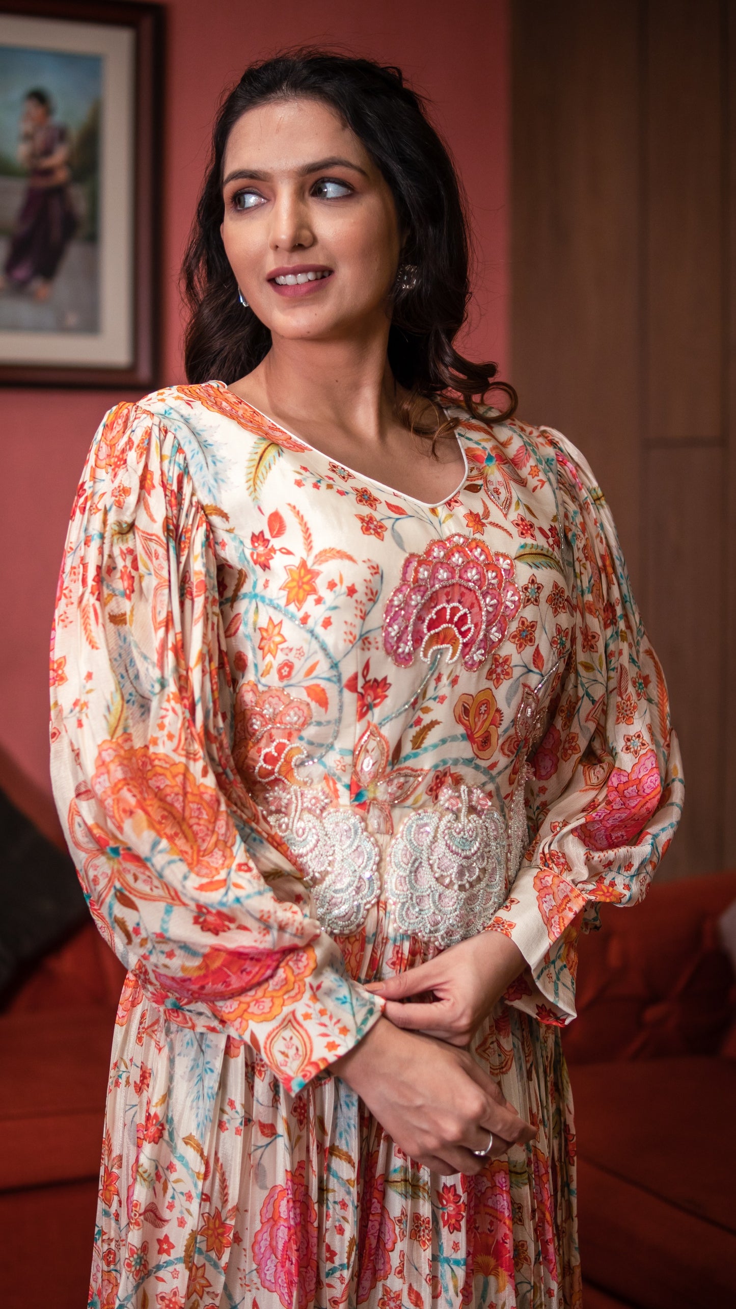 Ivory Color Floral Print Embellished Long Dress