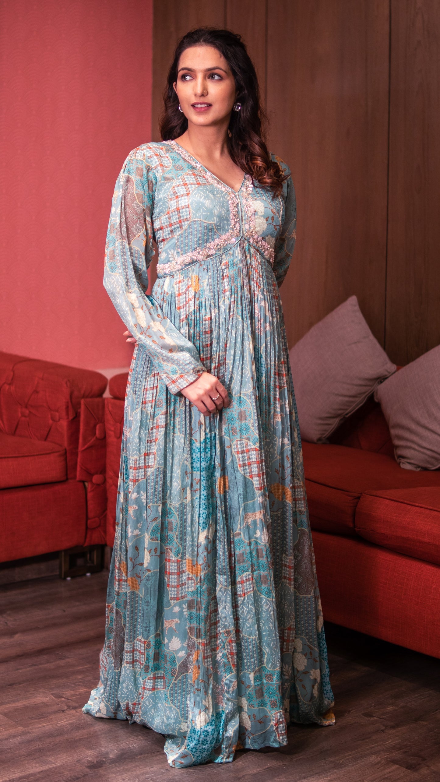 Emerald Green Digital Print Embellished Chinnon Long Dress