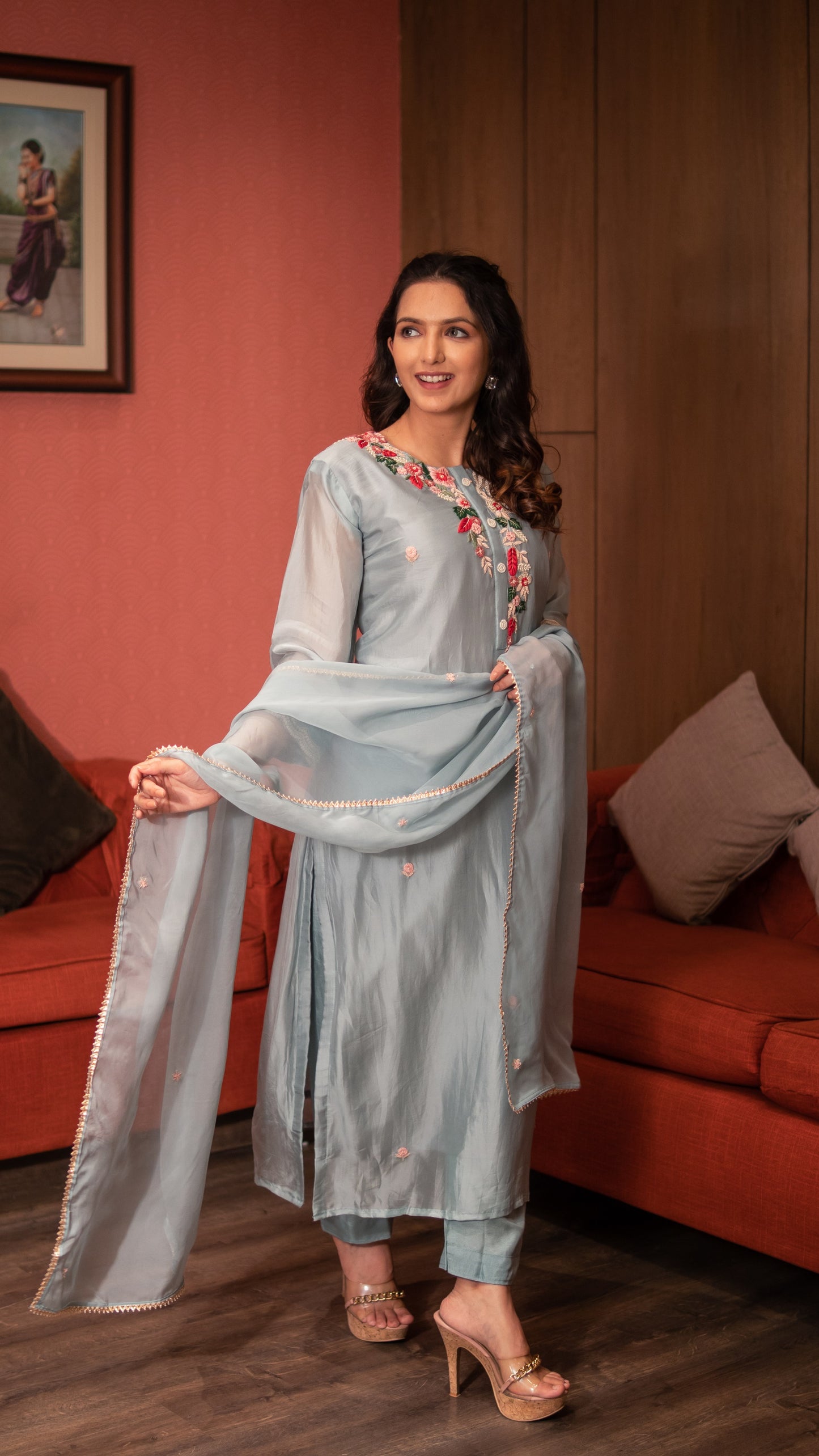 Baby Blue Butter Silk Kurta Set With Embellishment