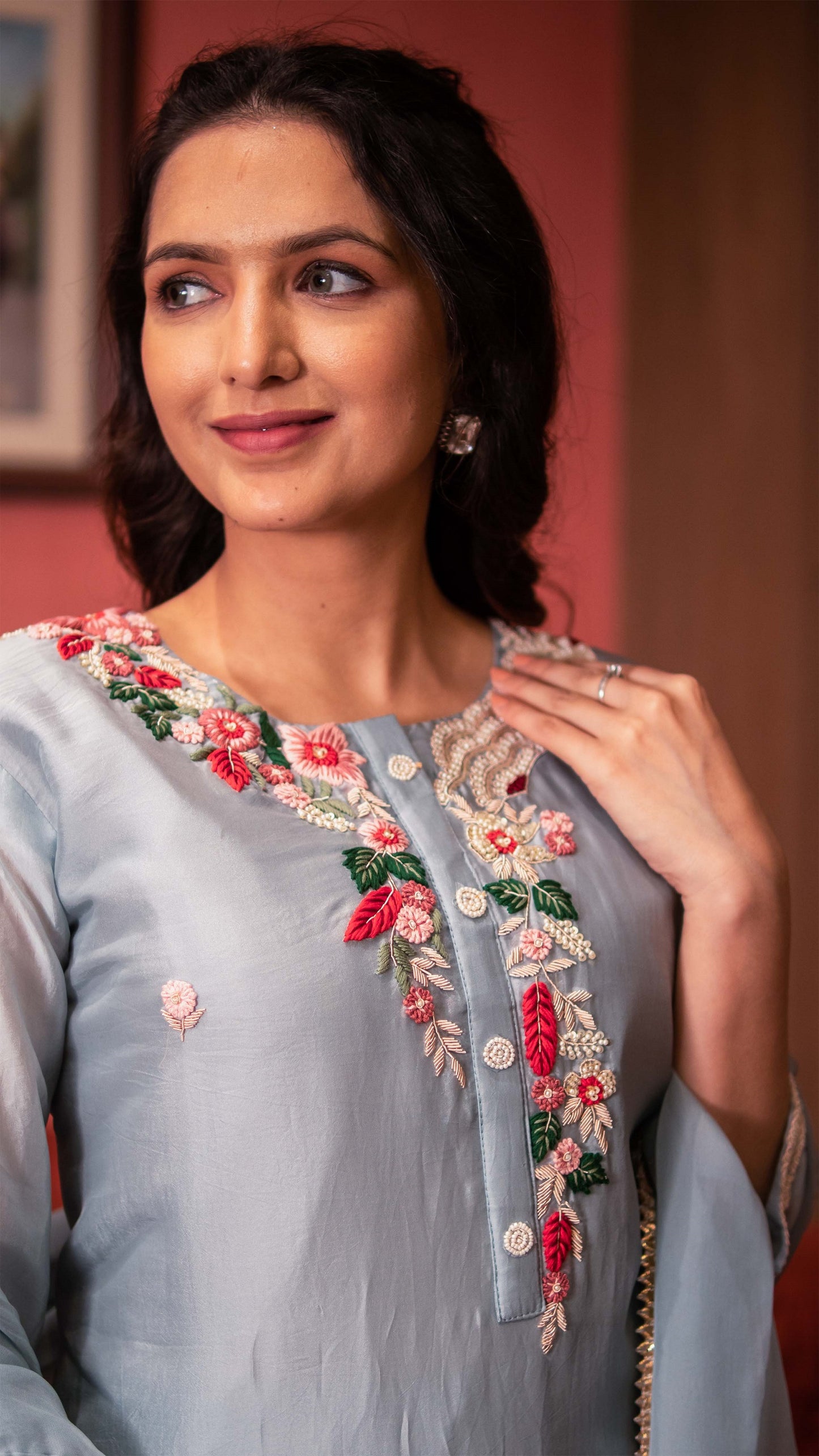 Baby Blue Butter Silk Kurta Set With Embellishment