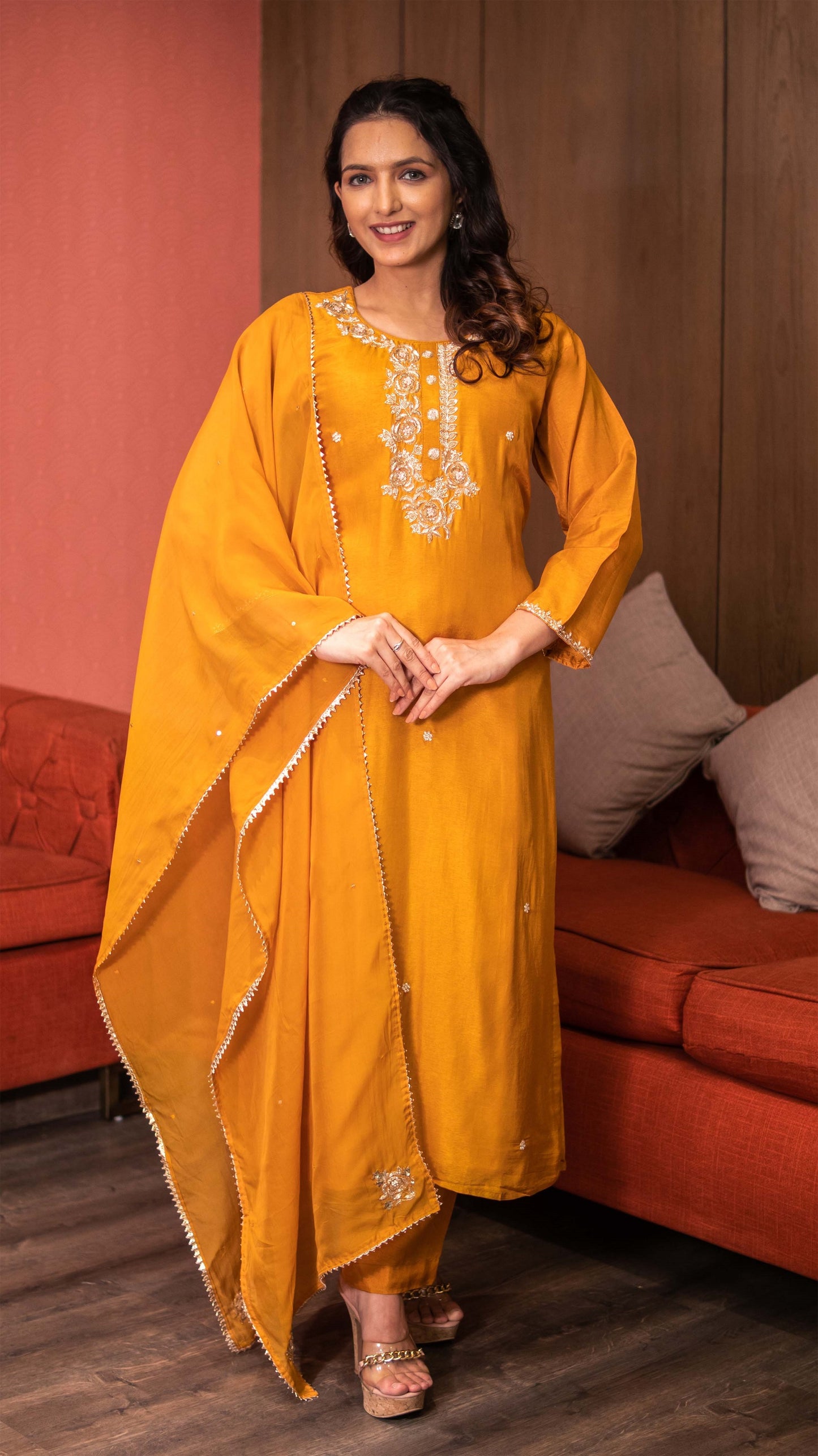 Amber Yellow Raw Silk Embellished Kurta Set