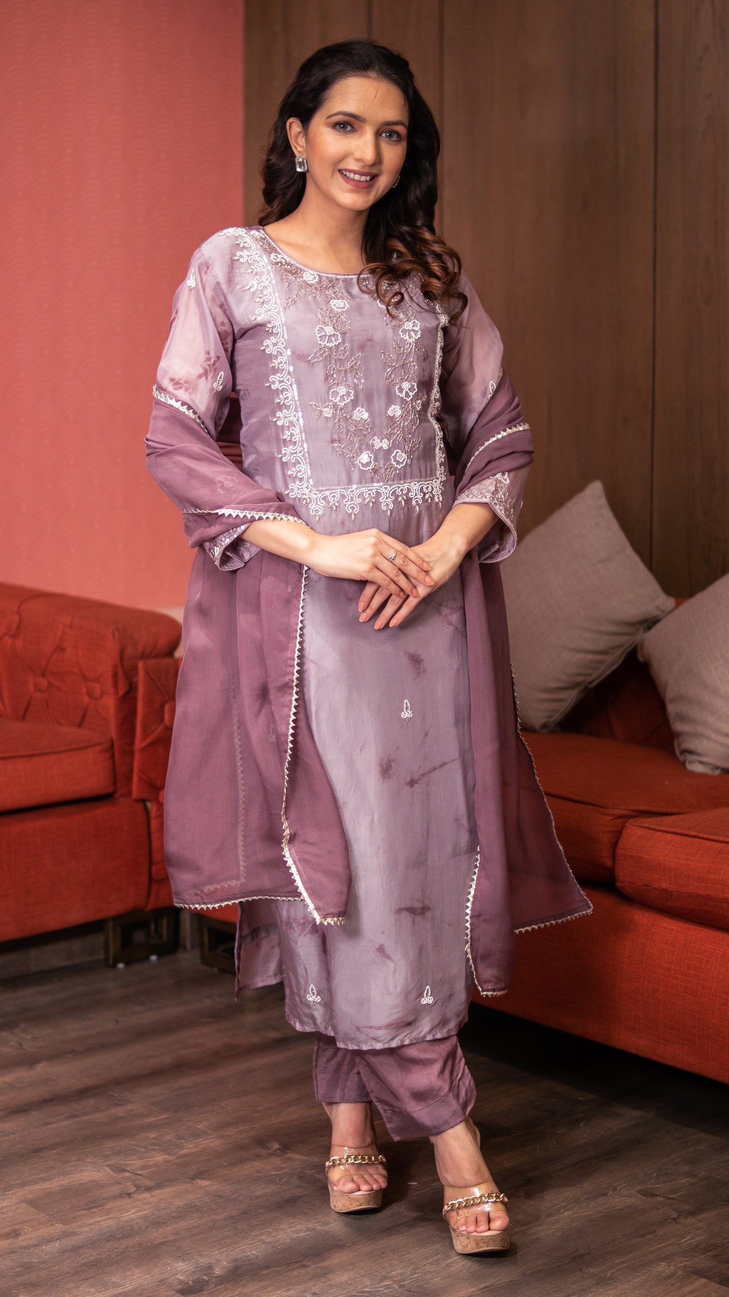 Mauve Violet Moti Work Stright Kurta With Pants And Dupatta