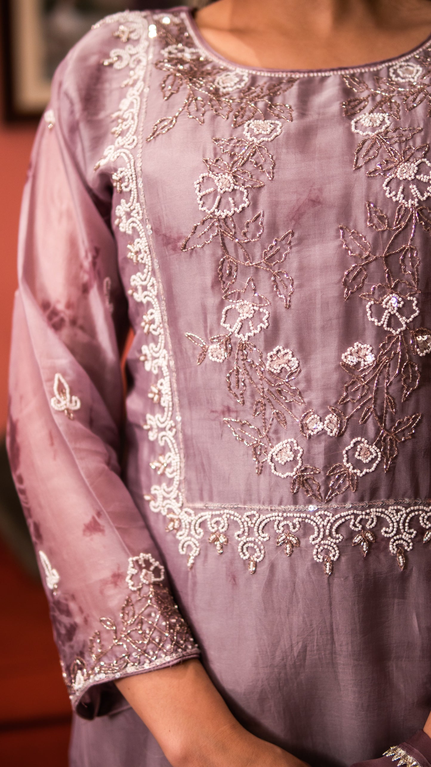 Mauve Violet Moti Work Stright Kurta With Pants And Dupatta