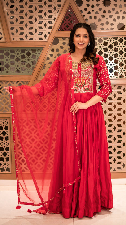 Crimson Red Raw Silk Long Dress With Dupatta