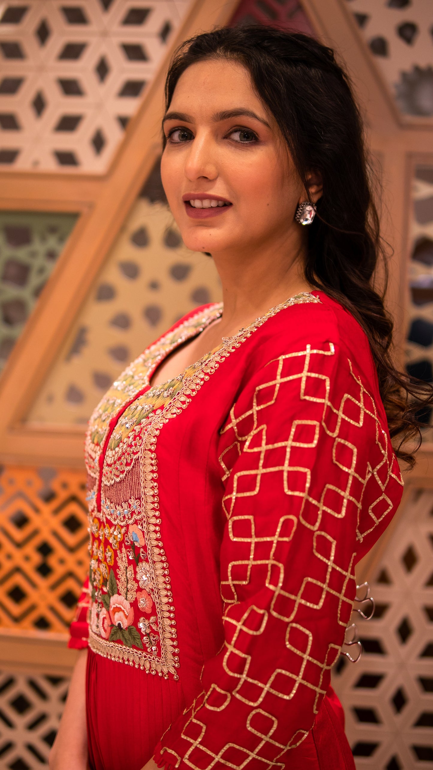 Crimson Red Raw Silk Long Dress With Dupatta