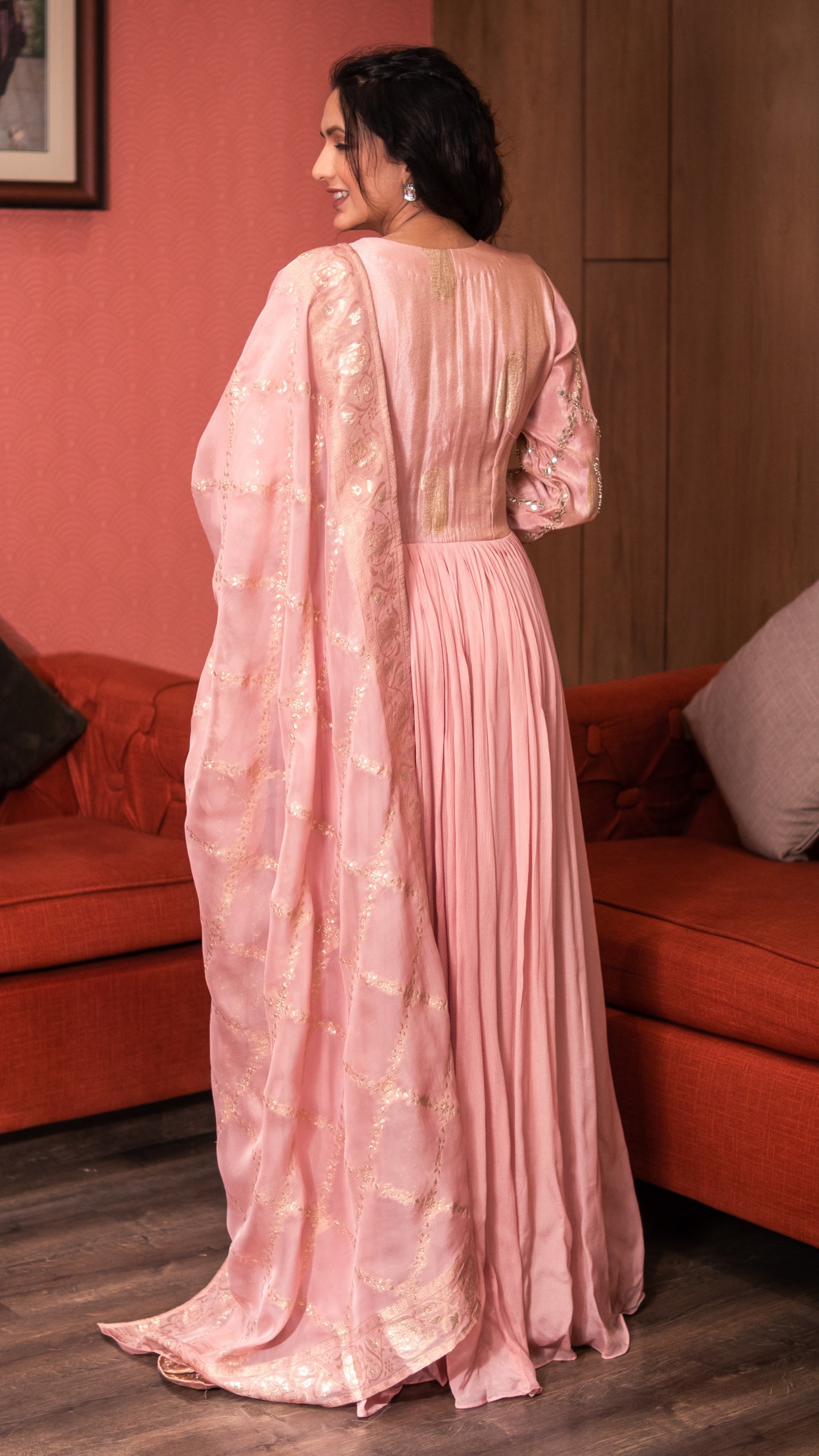 Flamingo Pink Gotta Embellished Long Dress