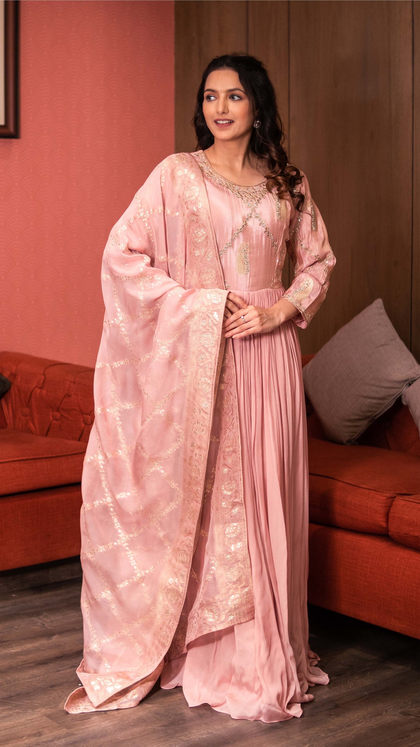 Flamingo Pink Gotta Embellished Long Dress