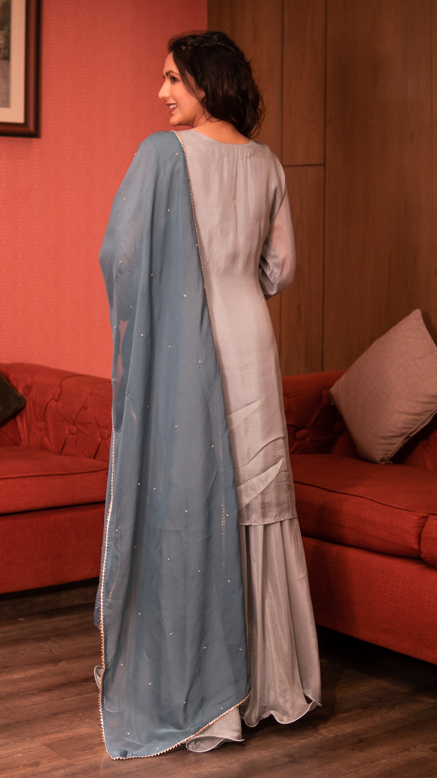 Stone Blue Butter Silk Kurta Skirt Set With Gota Work