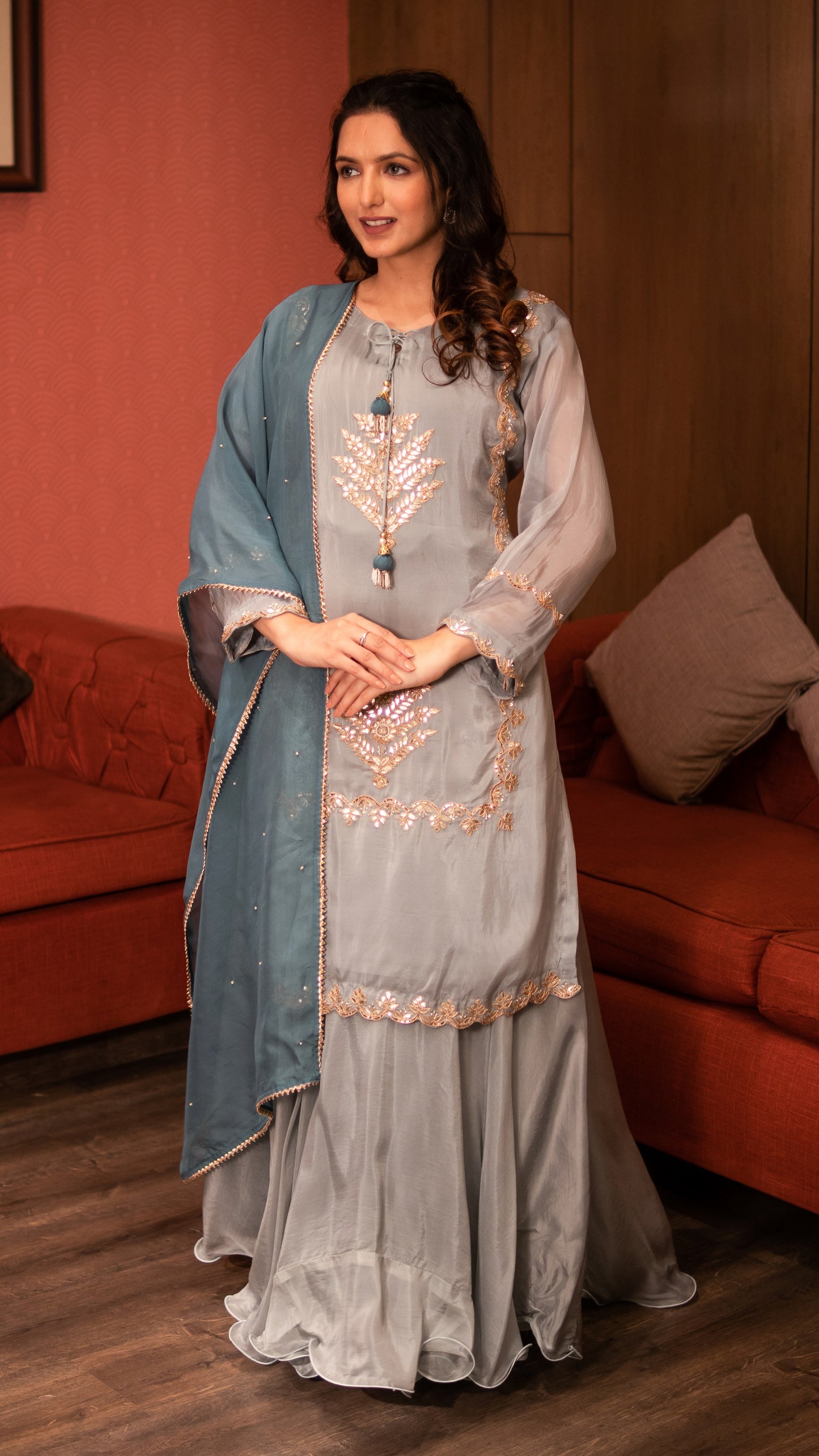 Stone Blue Butter Silk Kurta Skirt Set With Gota Work