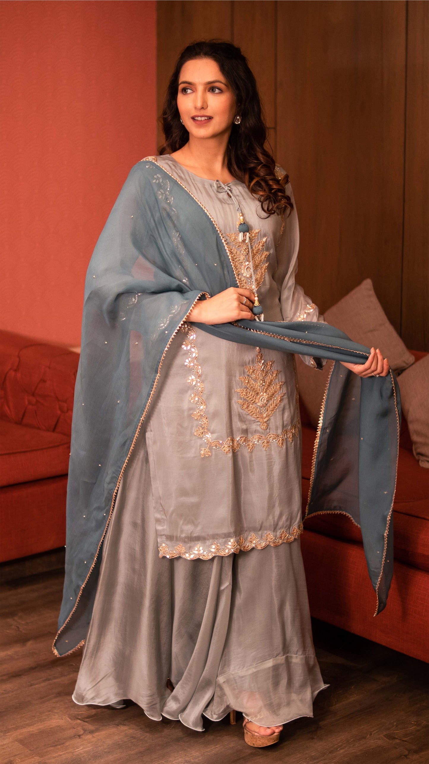 Stone Blue Butter Silk Kurta Skirt Set With Gota Work