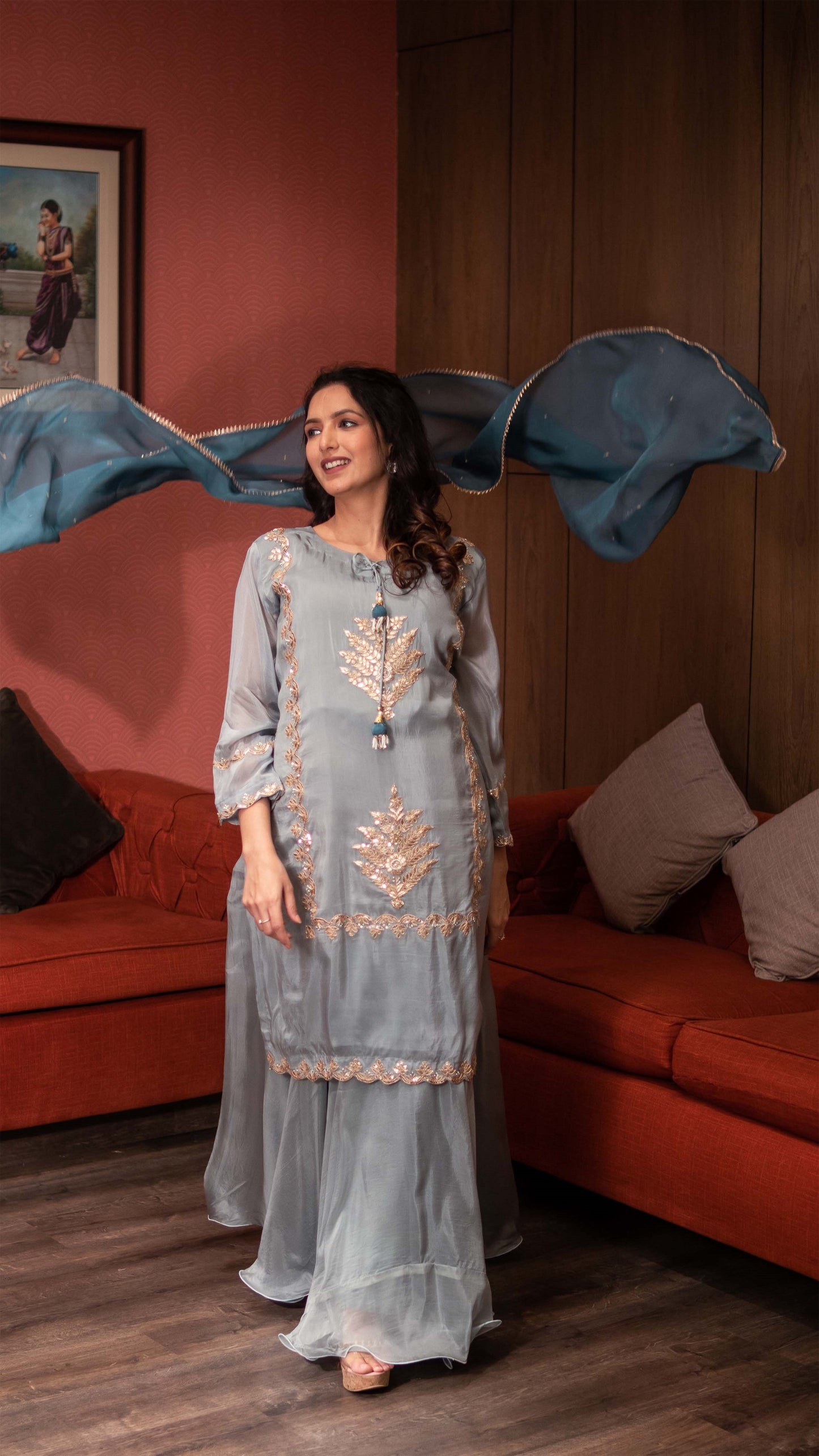 Stone Blue Butter Silk Kurta Skirt Set With Gota Work
