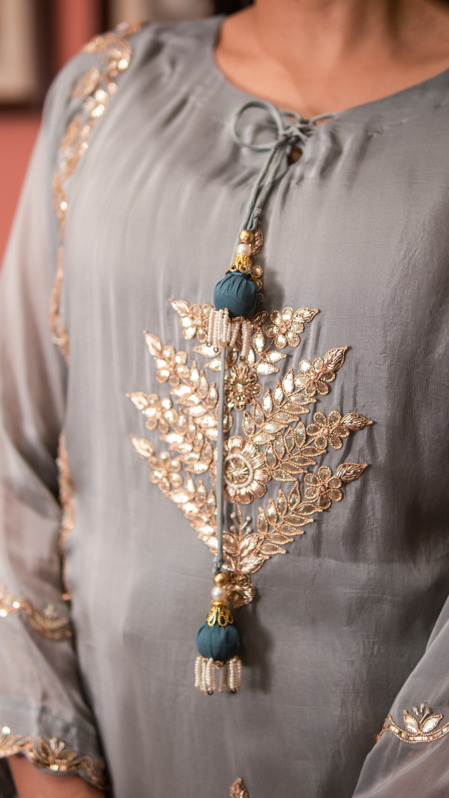 Stone Blue Butter Silk Kurta Skirt Set With Gota Work