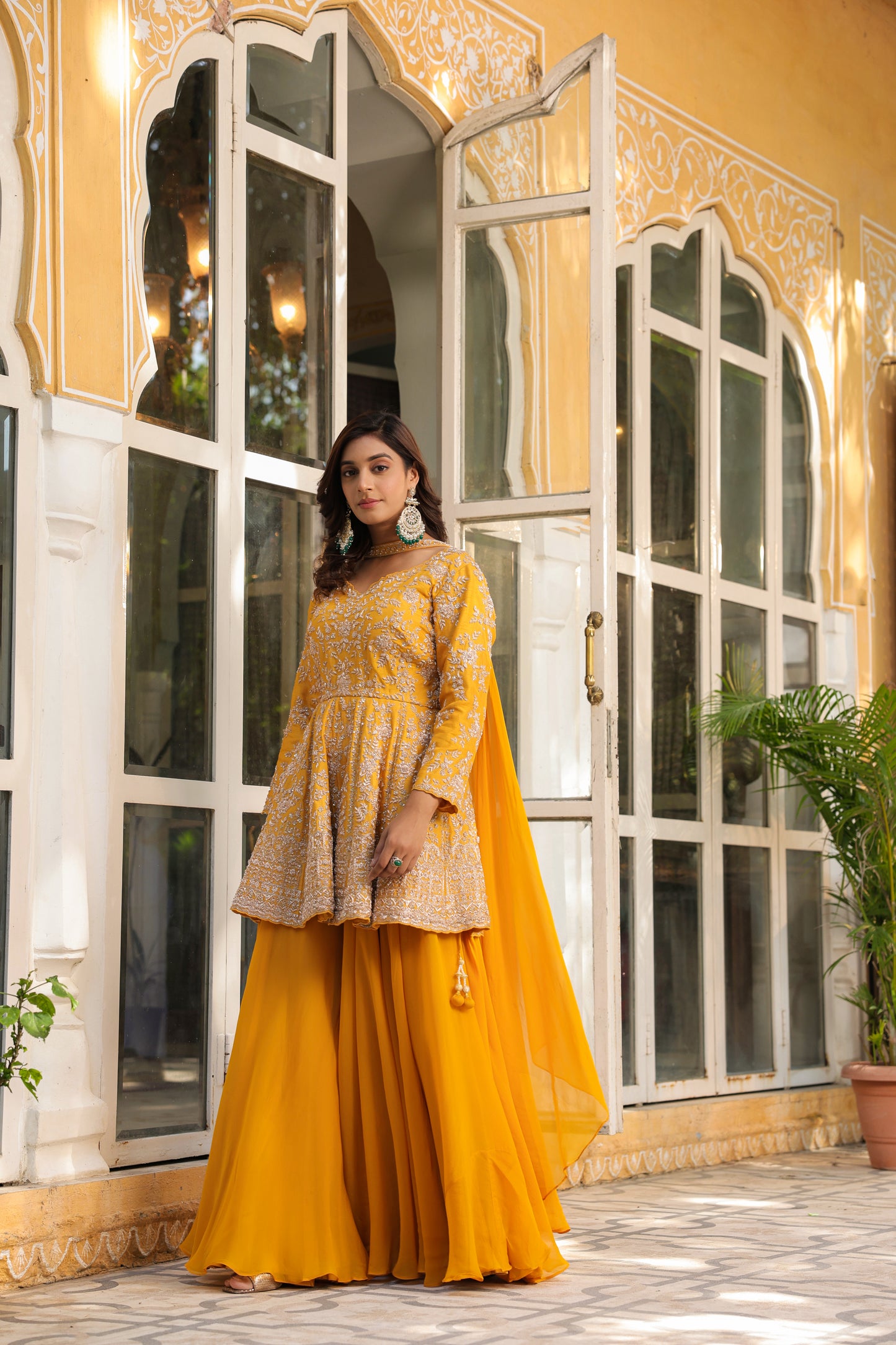 Mustard Yellow Raw Silk Zardozi Embellished Peplum Kurti Set