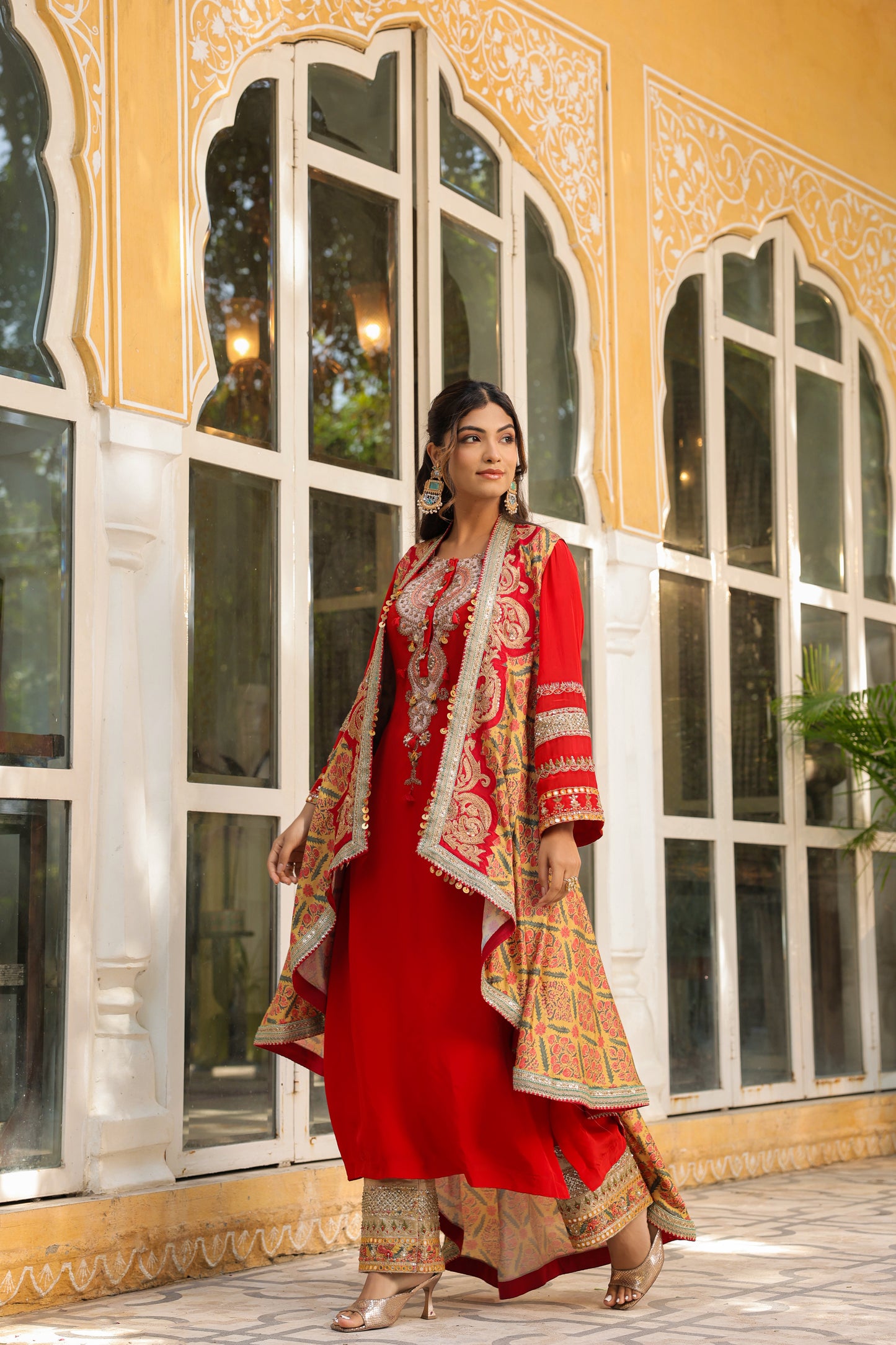 Cherry Red Kurta Set With Cape