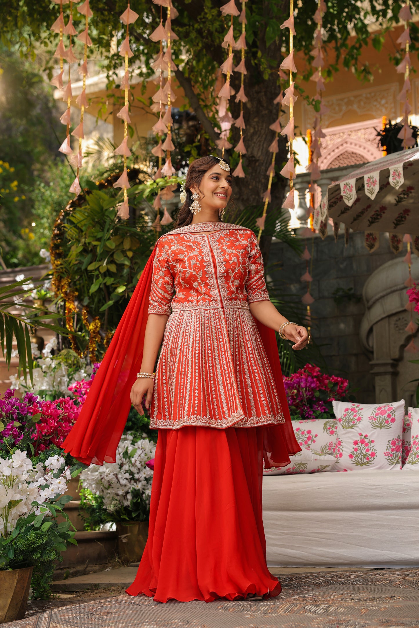 Raw Silk Peplum in Fire Orange with Flare Palazzo and Dupatta