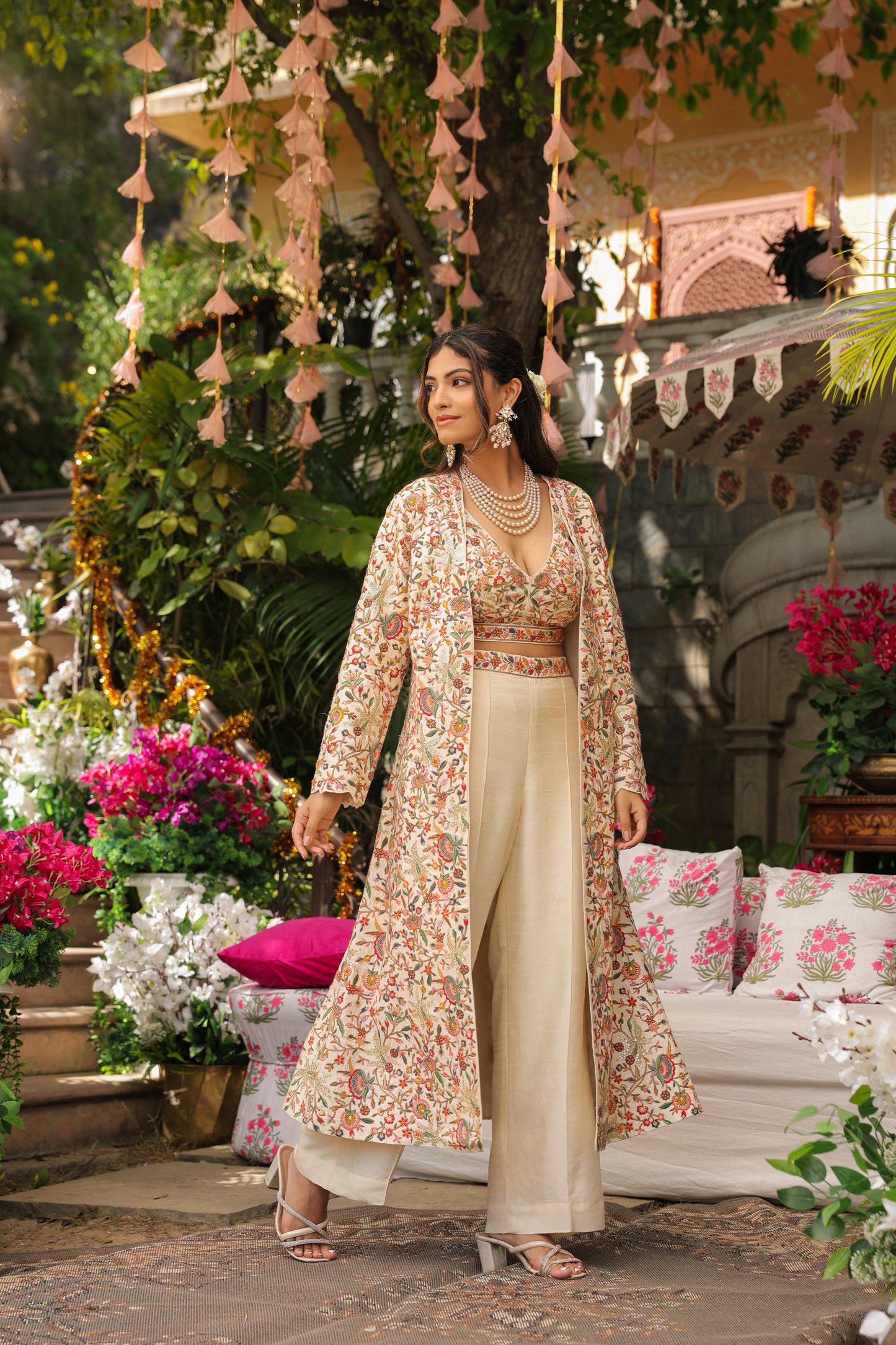 Ivory White Crop Top And Pant With Embellished Long Jacket