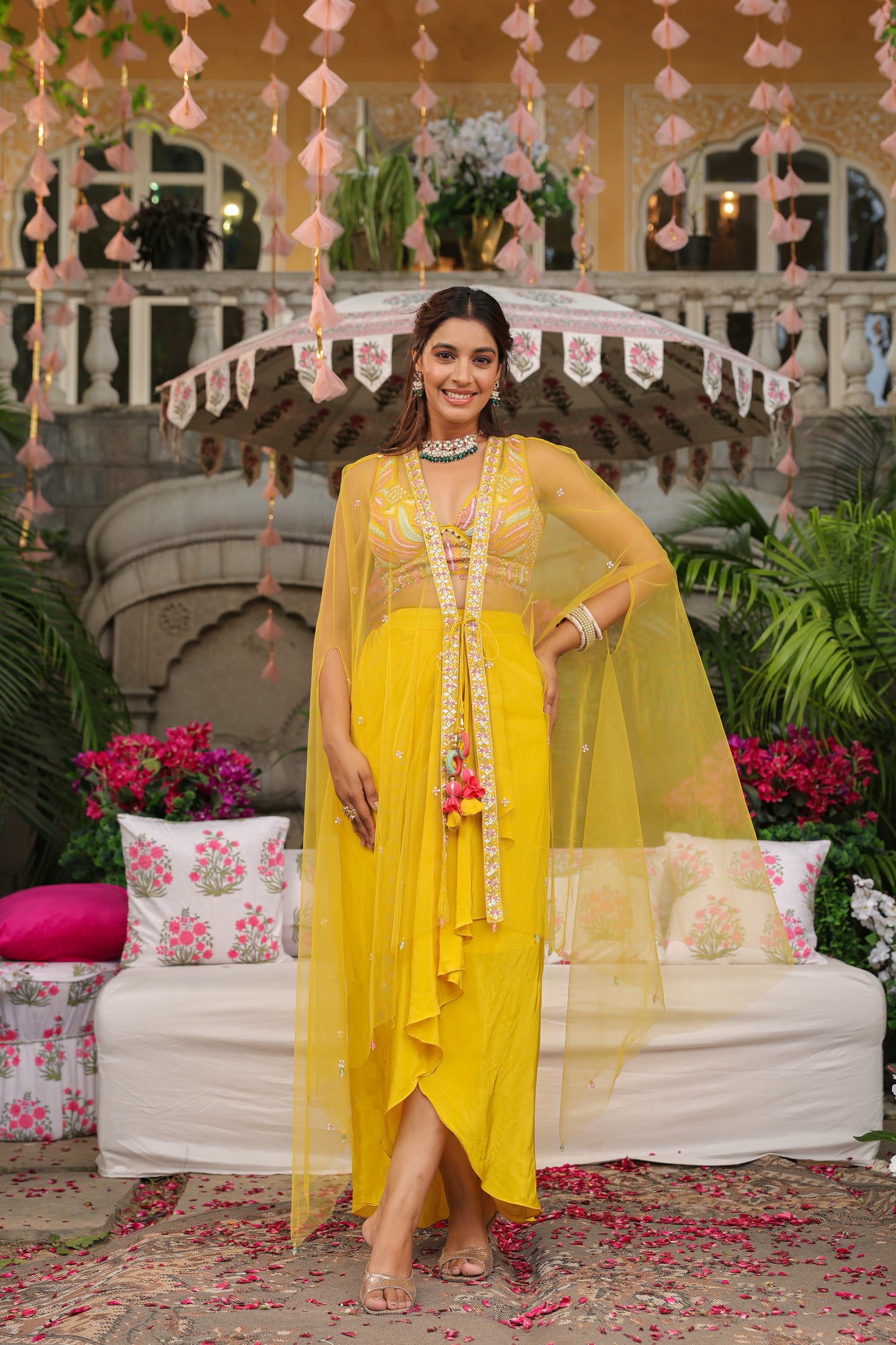 Amber Yellow Moti Work Crop Top With Skirt And Cape