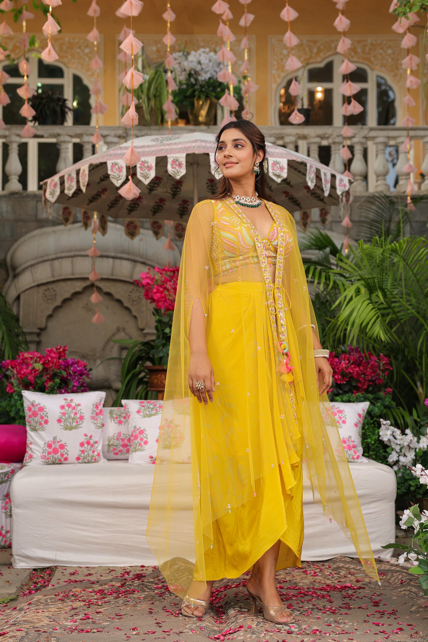 Amber Yellow Moti Work Crop Top With Skirt And Cape