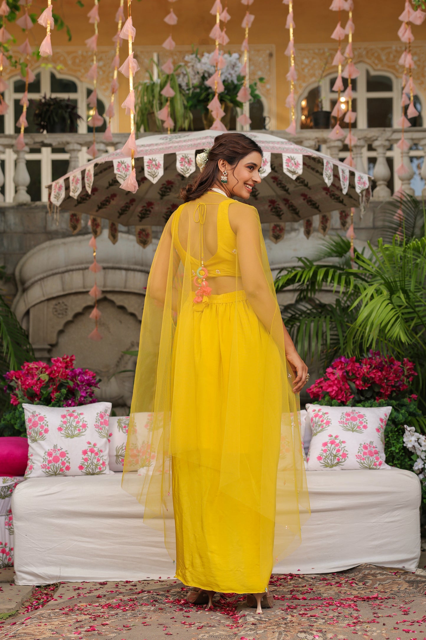 Amber Yellow Moti Work Crop Top With Skirt And Cape