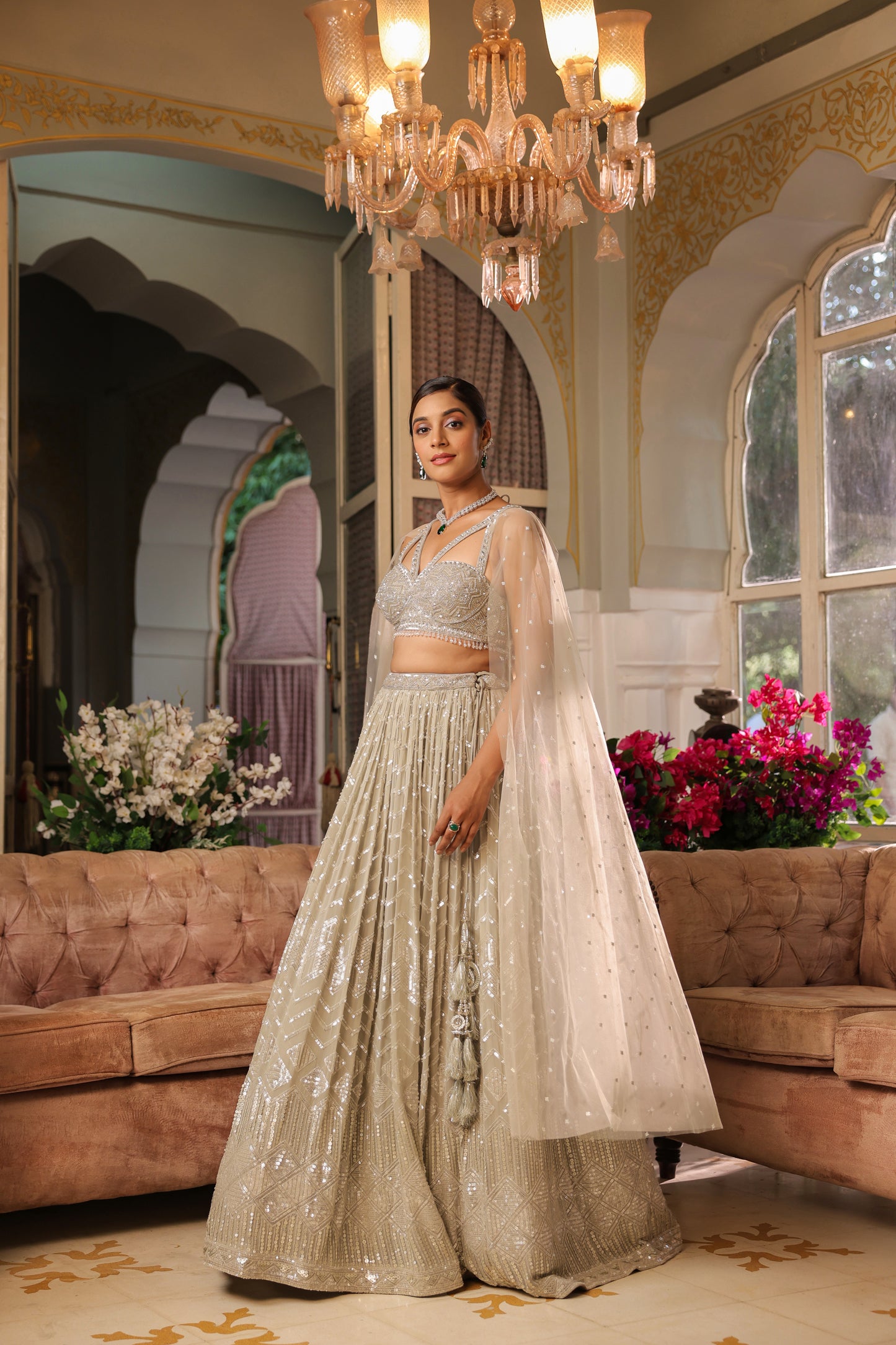 Harbor Grey Georgette Crop Top And Skirt