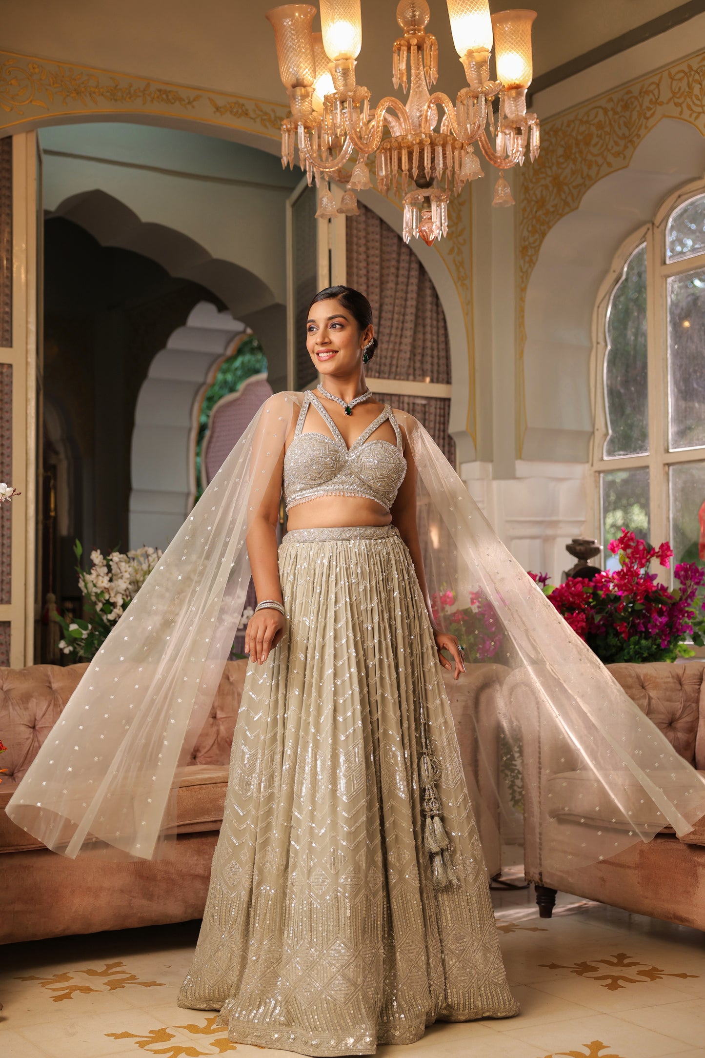 Harbor Grey Georgette Crop Top And Skirt