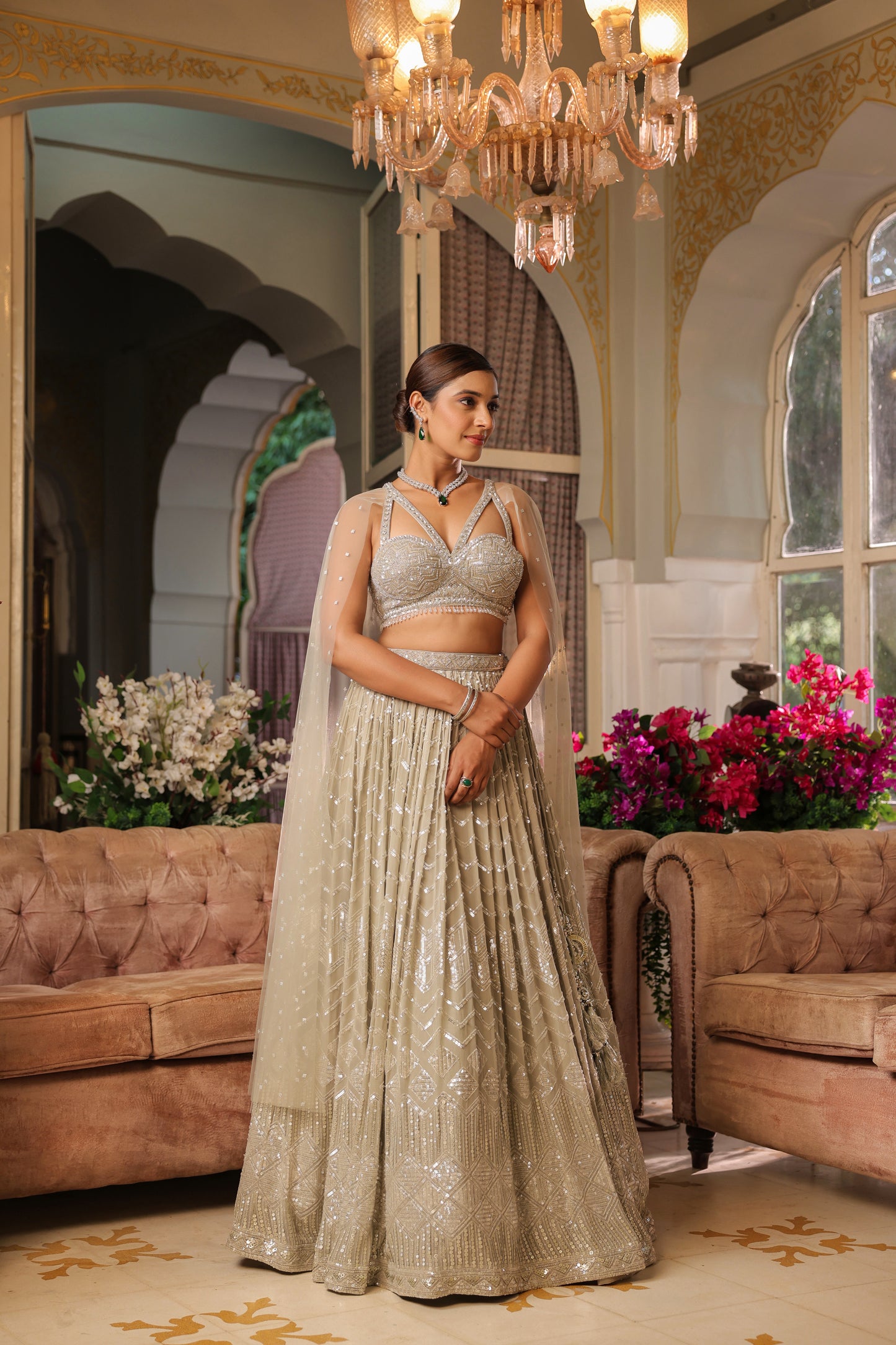 Harbor Grey Georgette Crop Top And Skirt