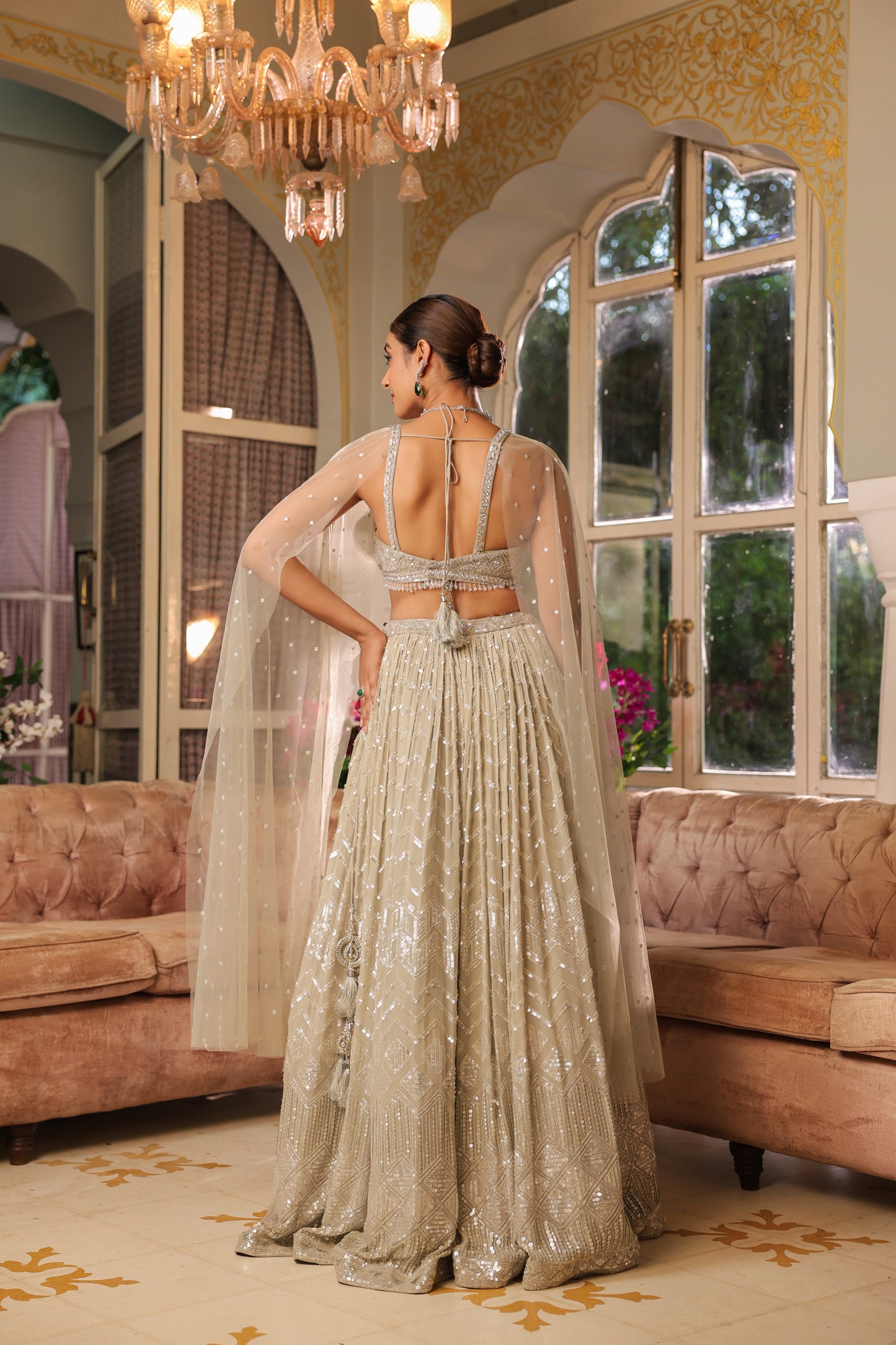 Harbor Grey Georgette Crop Top And Skirt