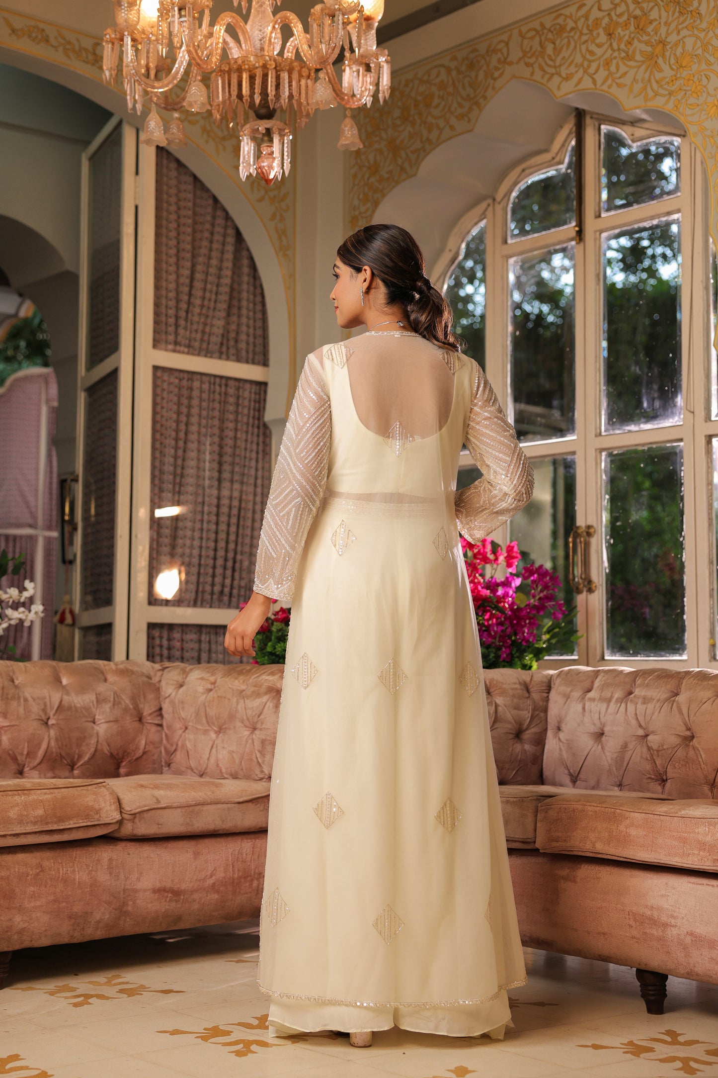 Daisy White Embellished Crop Top With Palazzo Set