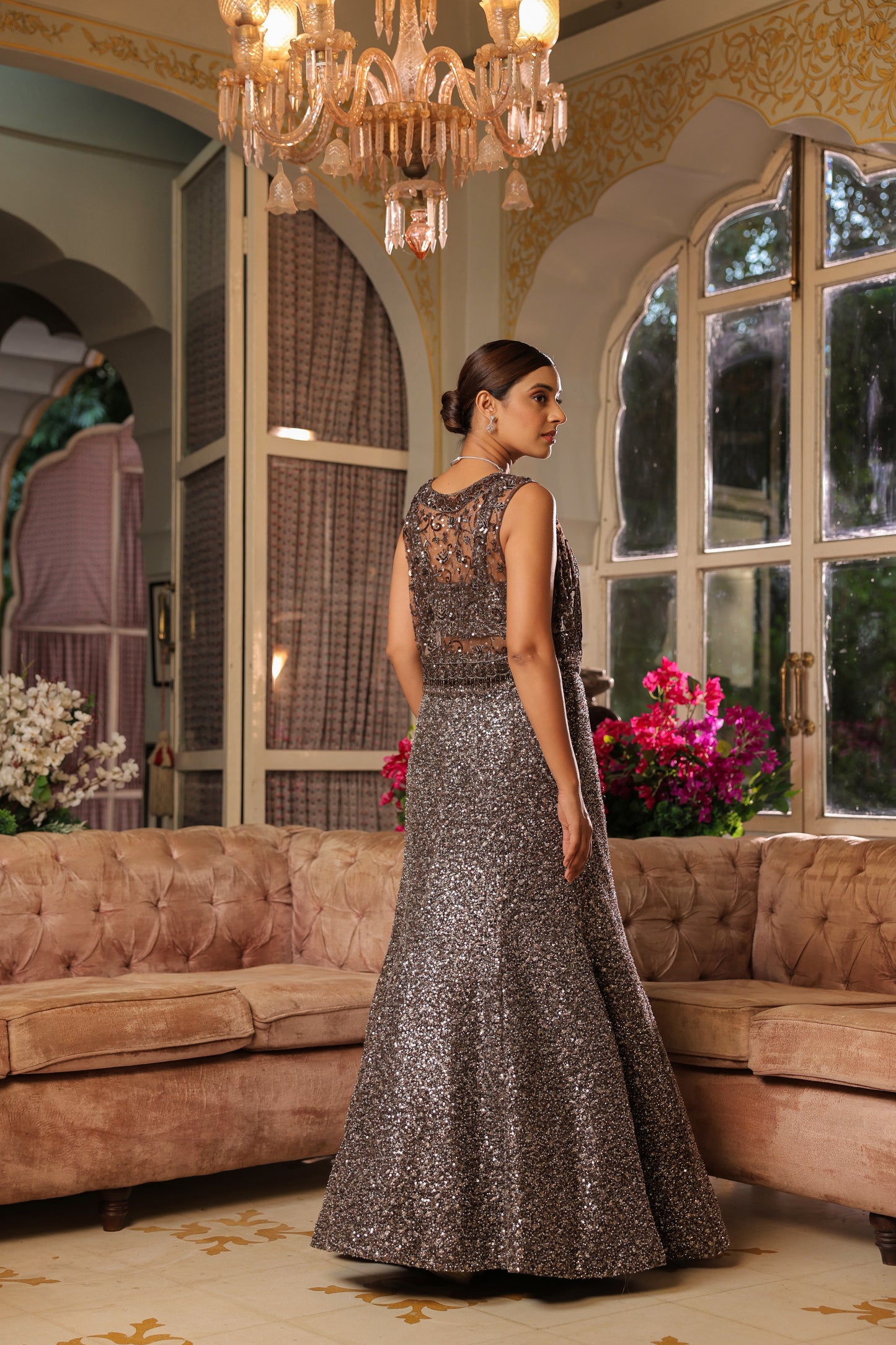 Umber Brown Crop Top Skirt With Cape