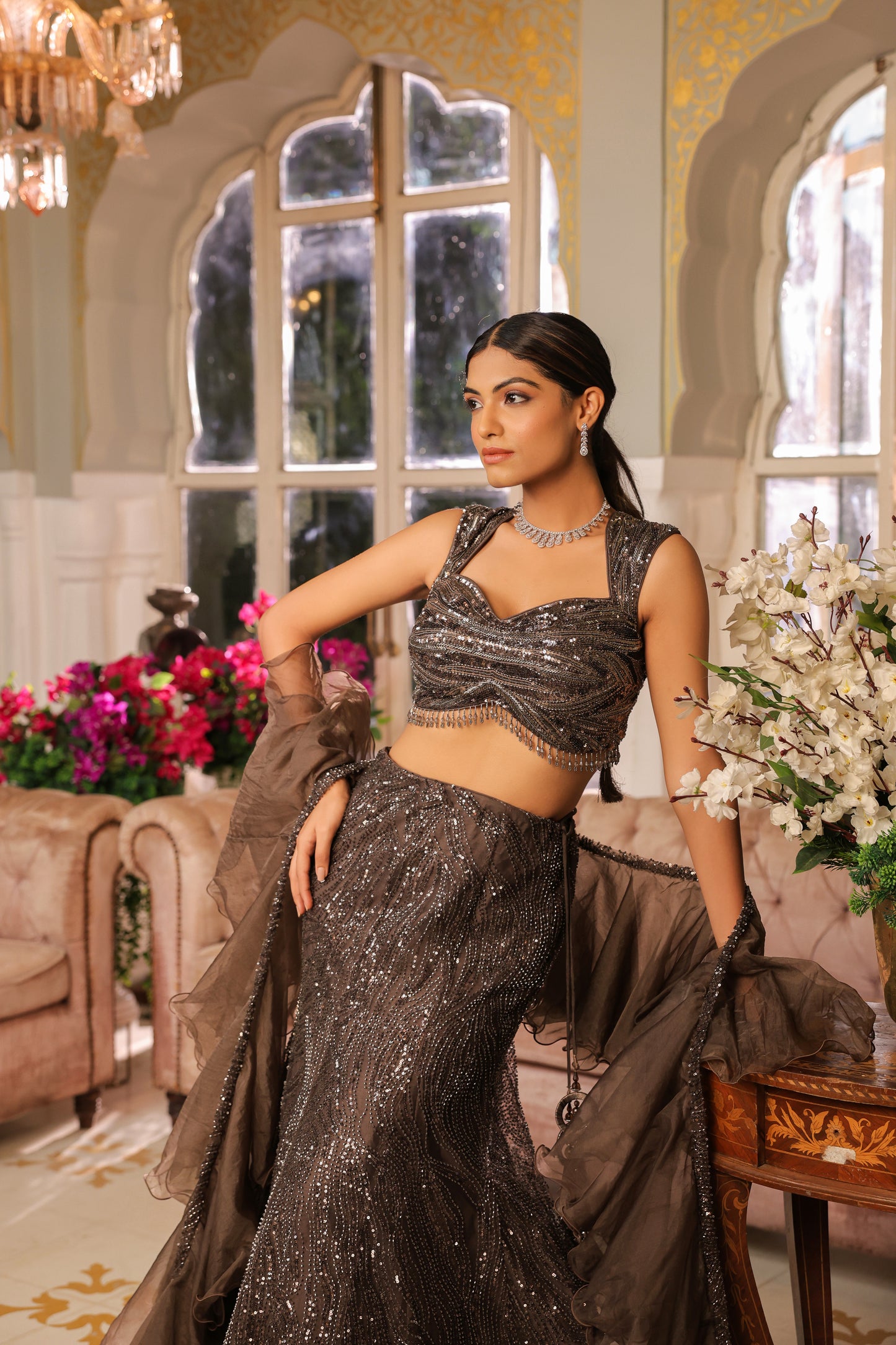 Brunette Brown Fully Embellished Skirt Set