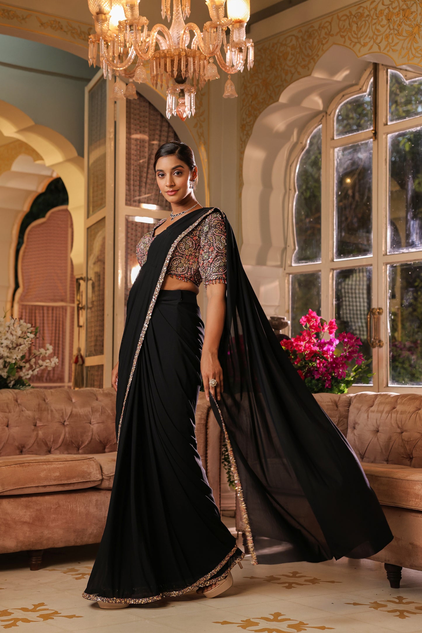 Jade Black Drape Saree With Embellished Blouse
