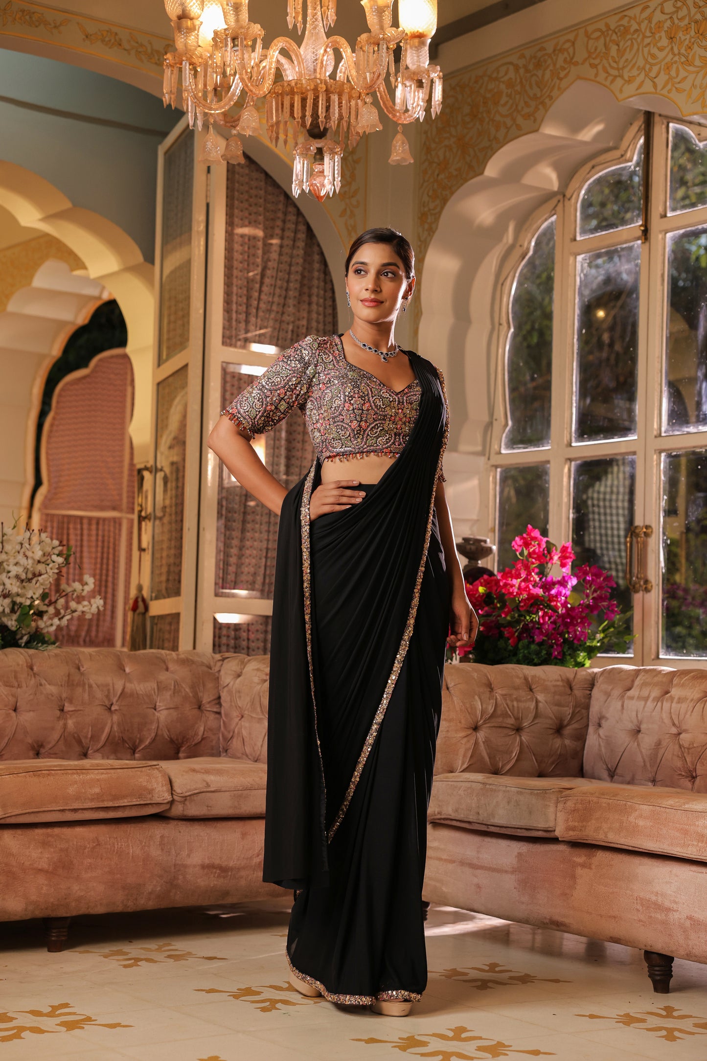 Jade Black Drape Saree With Embellished Blouse