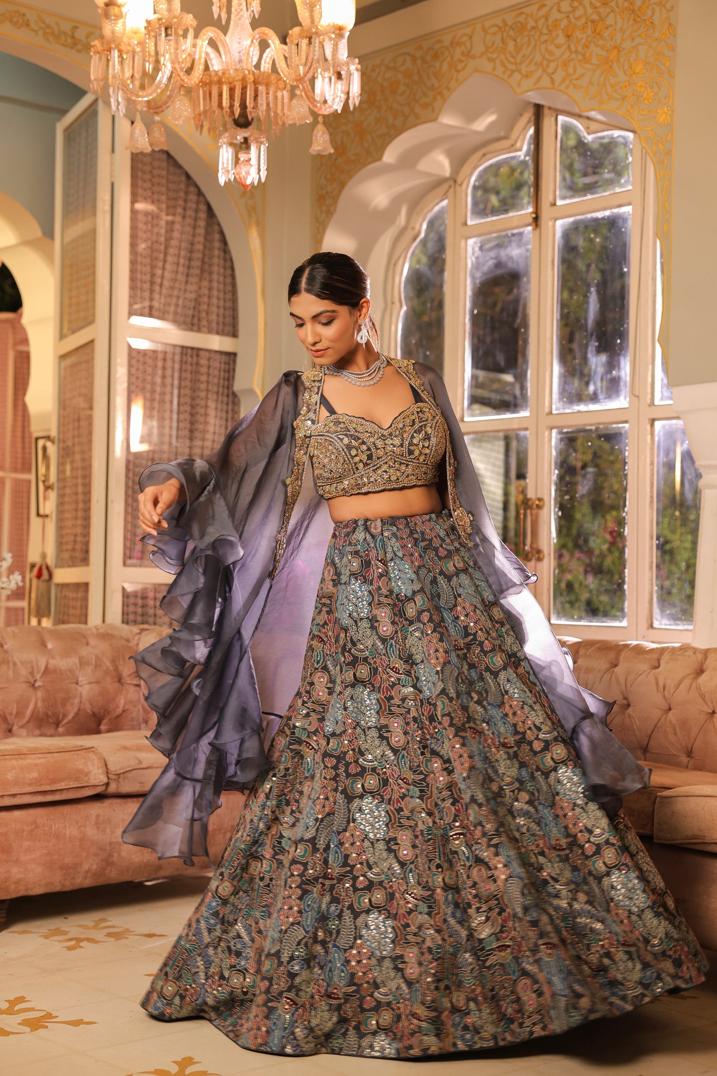 Prussian Blue Kalamkari Print Skirt With Embellished Crop Top And Cape