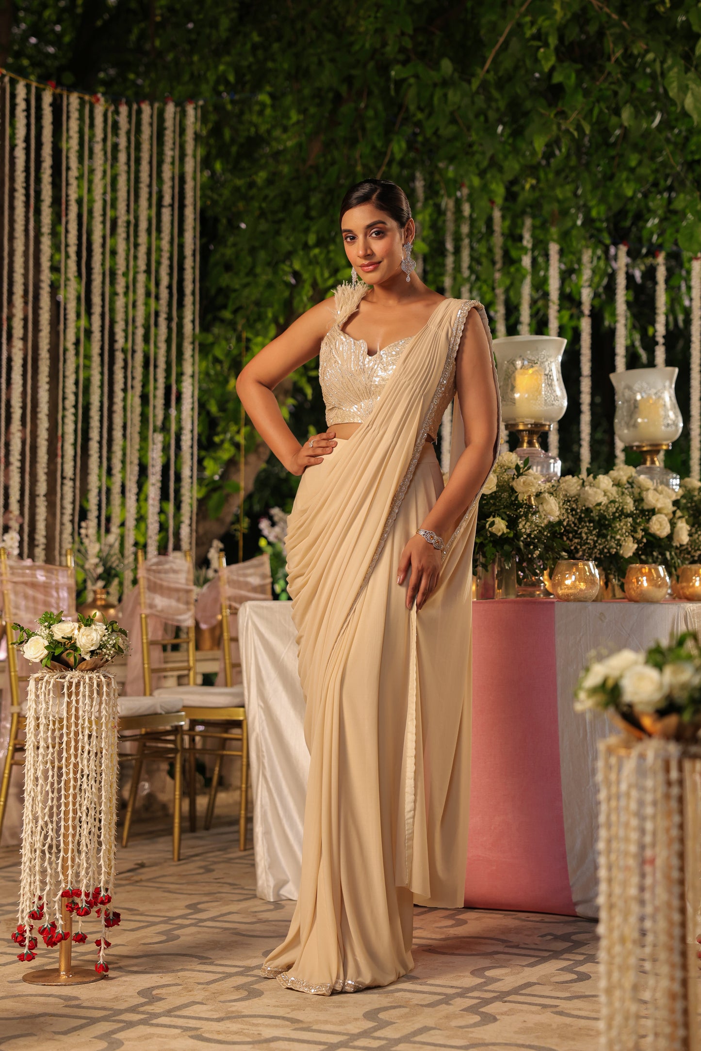 Ivory White Embellished Drape Saree