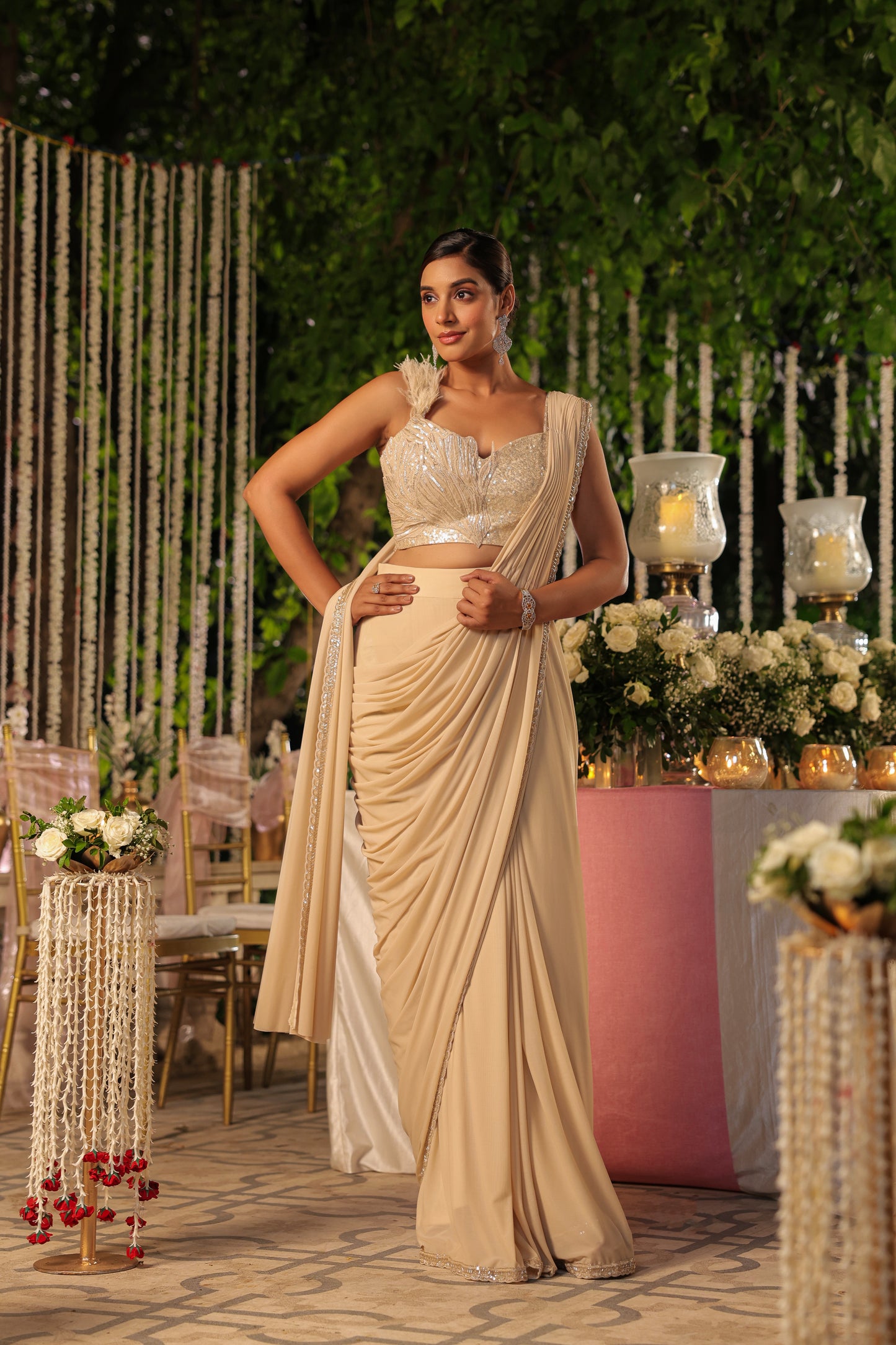 Ivory White Embellished Drape Saree