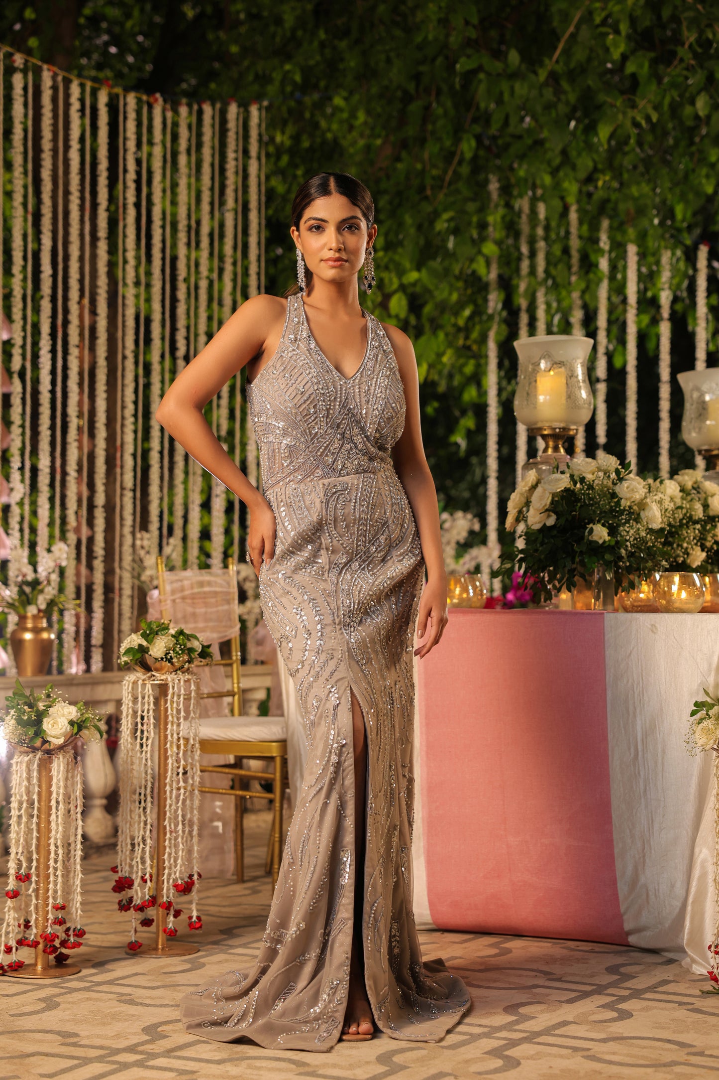 Grey Halter Neck Embellished Gown