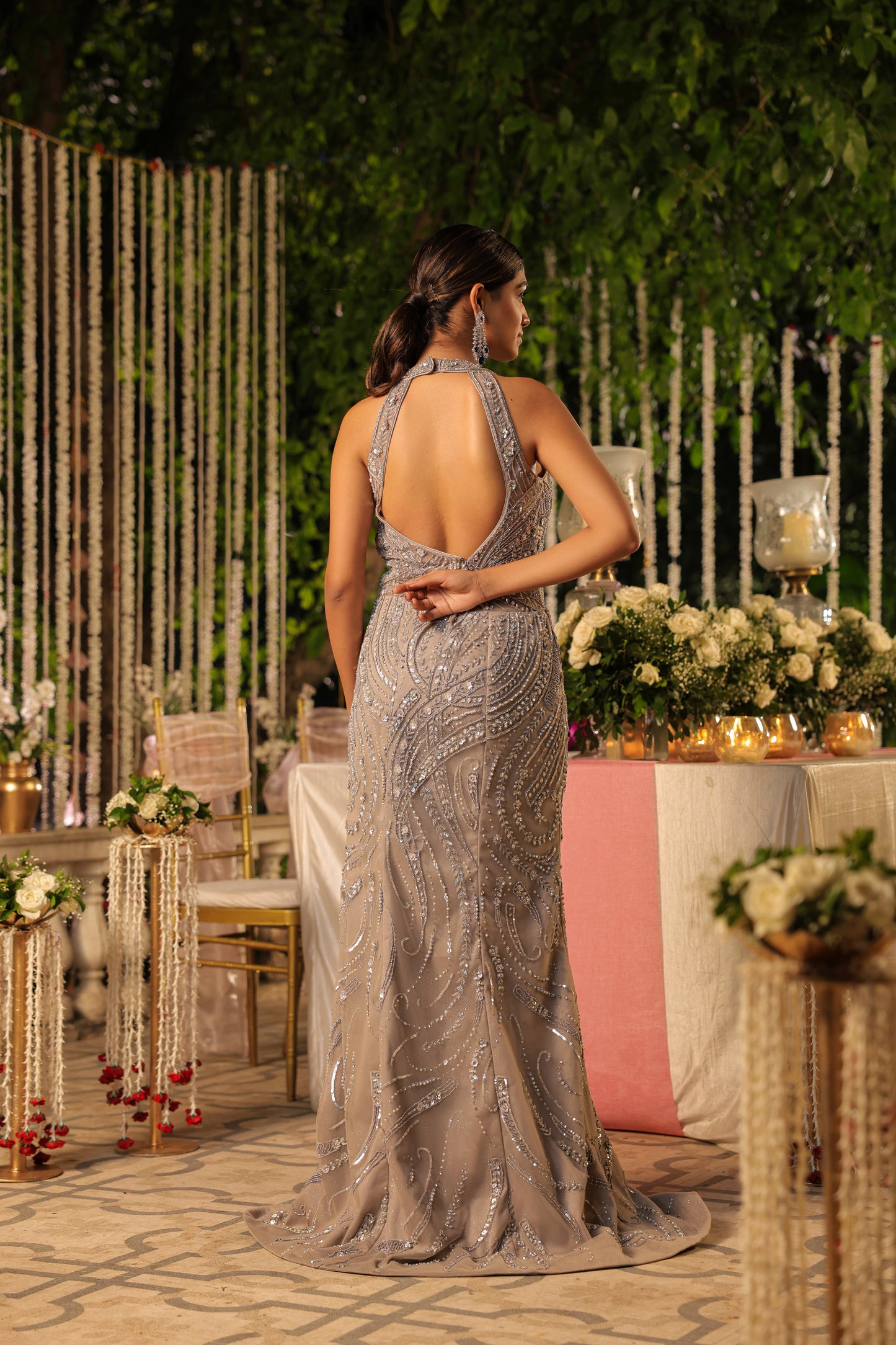 Grey Halter Neck Embellished Gown