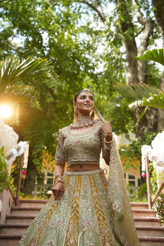 Pistachio Green and Ochre Gold Embroidered Lehenga Set