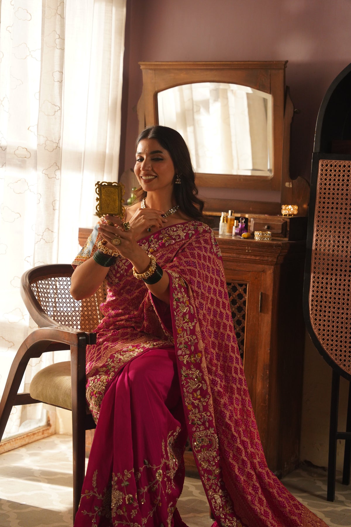Magenta Pink Embroidered Silk Saree