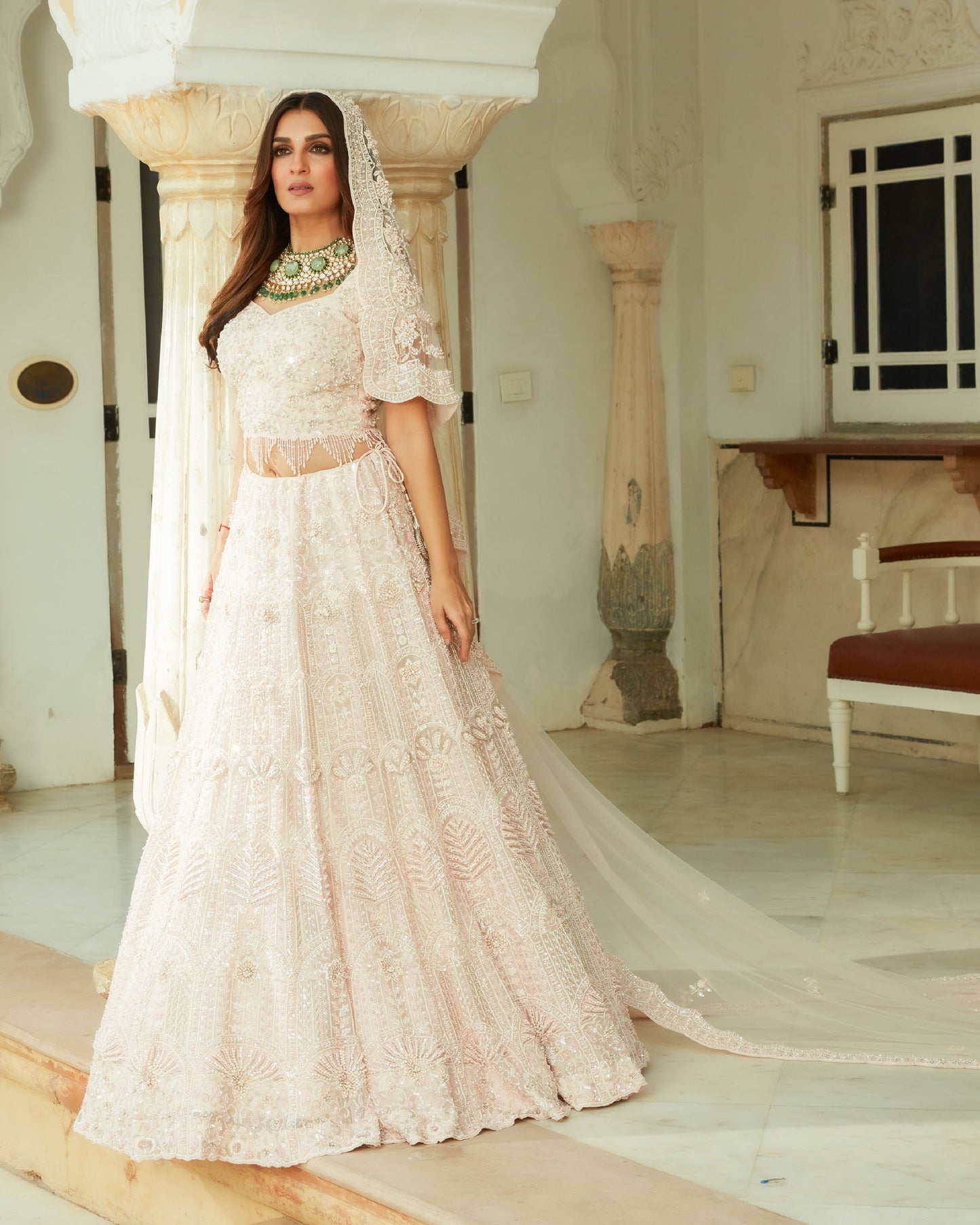 Pearl Pink Lehenga Choli Set With Moti, Sequin And Tube Intricate Hand Work All Over