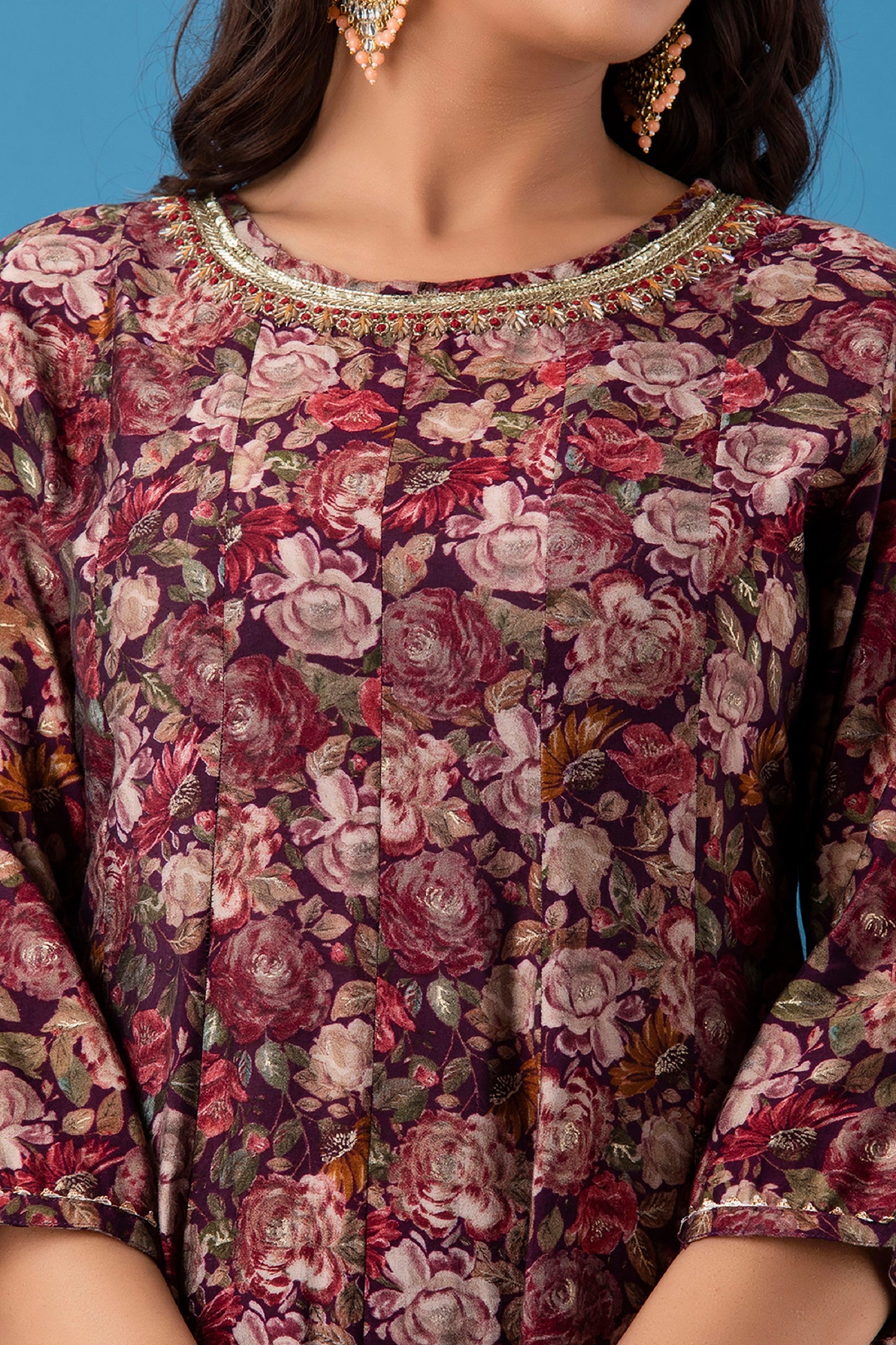 Wine Floral Print Foil Work Anarkali With Pant And Dupatta