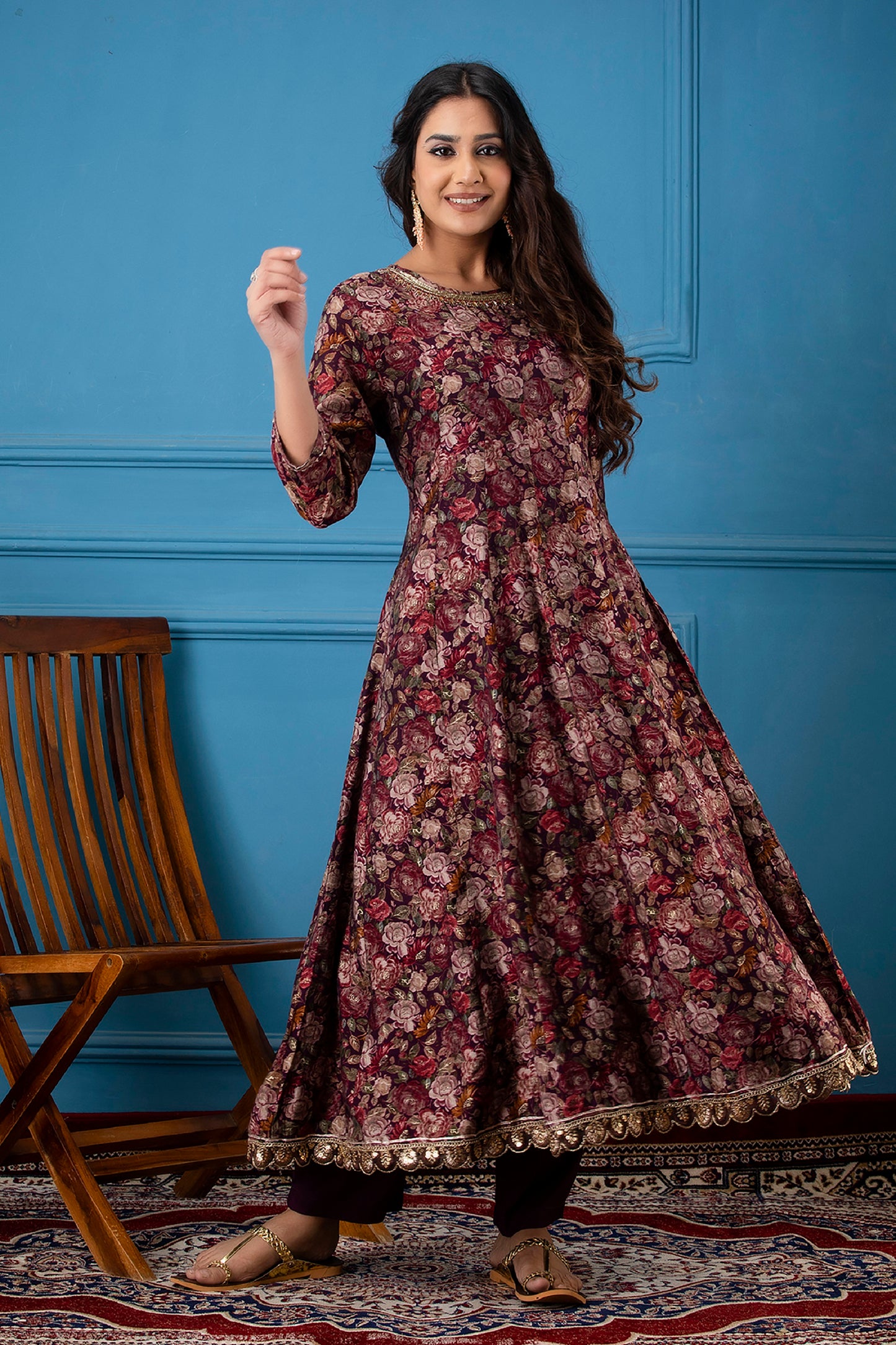 Wine Floral Print Foil Work Anarkali With Pant And Dupatta