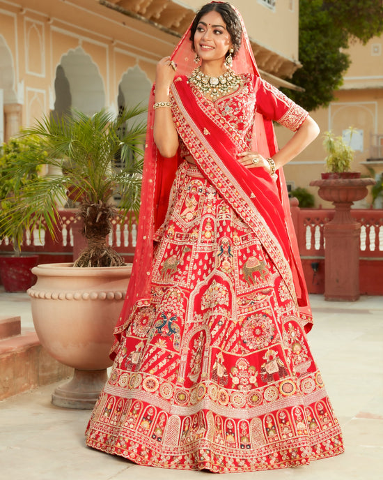 Deep Cherry Red Royal Heritage Lehenga And Choli Set In Floral And Animal Motif Embroidered With Thread, Moti, Sequin, Zari And Zardozi Work