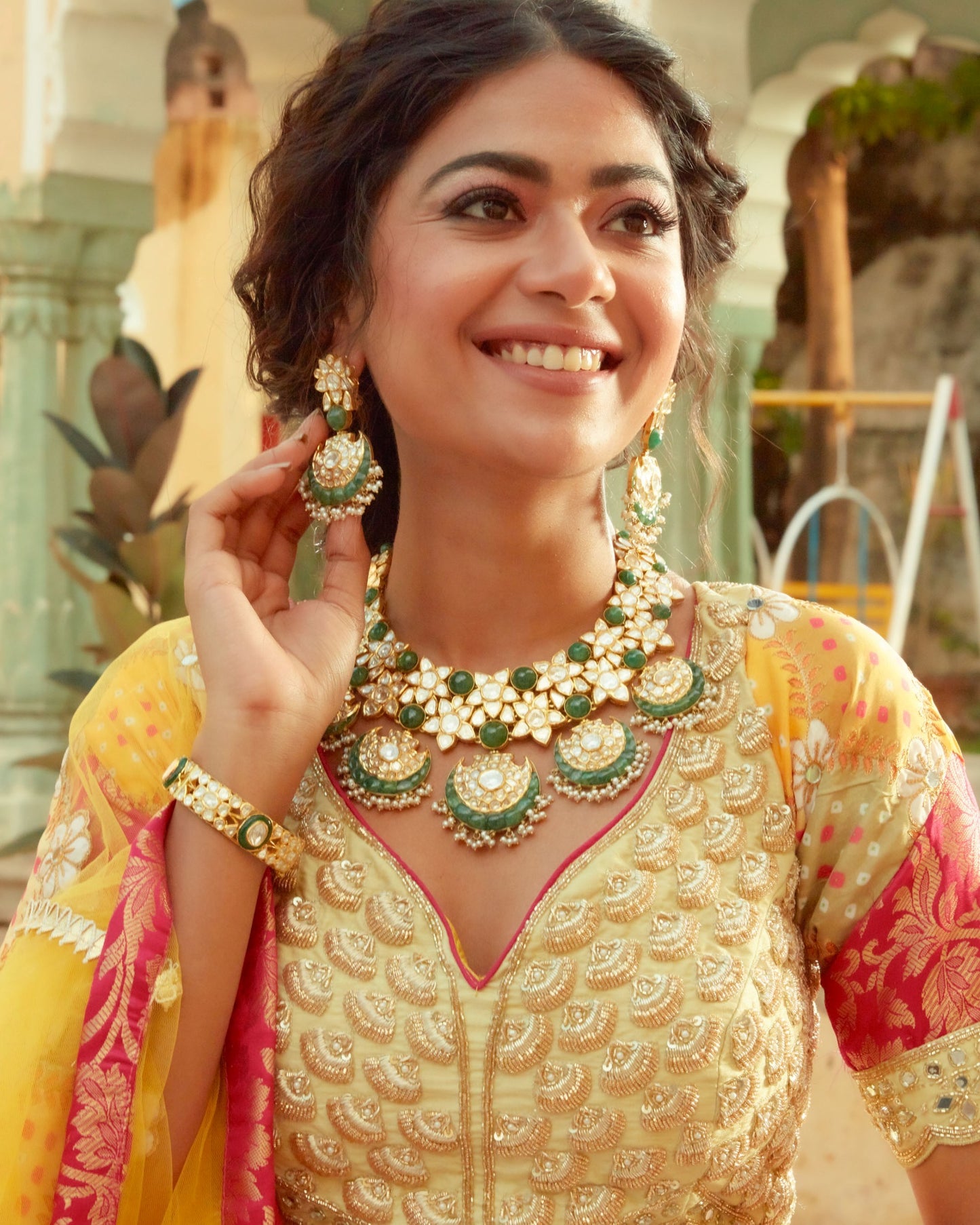 Yellow Dola Silk Lehenga Having Pink Banarasi Highlights With Embellished Choli And Dupatta