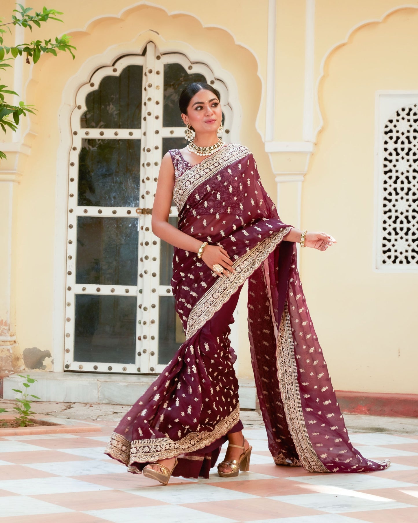 Wine Organza Silk Saree With Embellished Zardozi Work