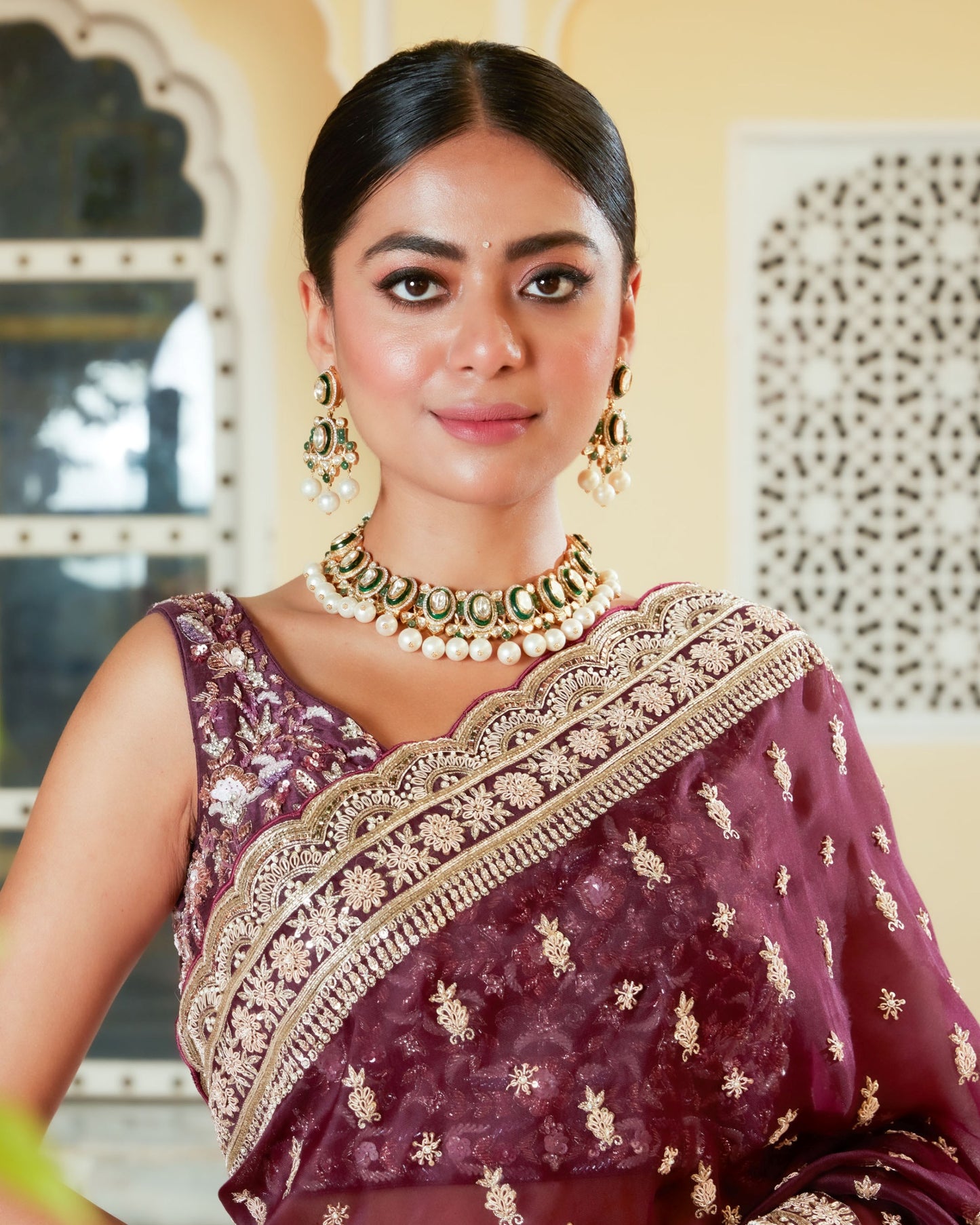 Wine Organza Silk Saree With Embellished Zardozi Work